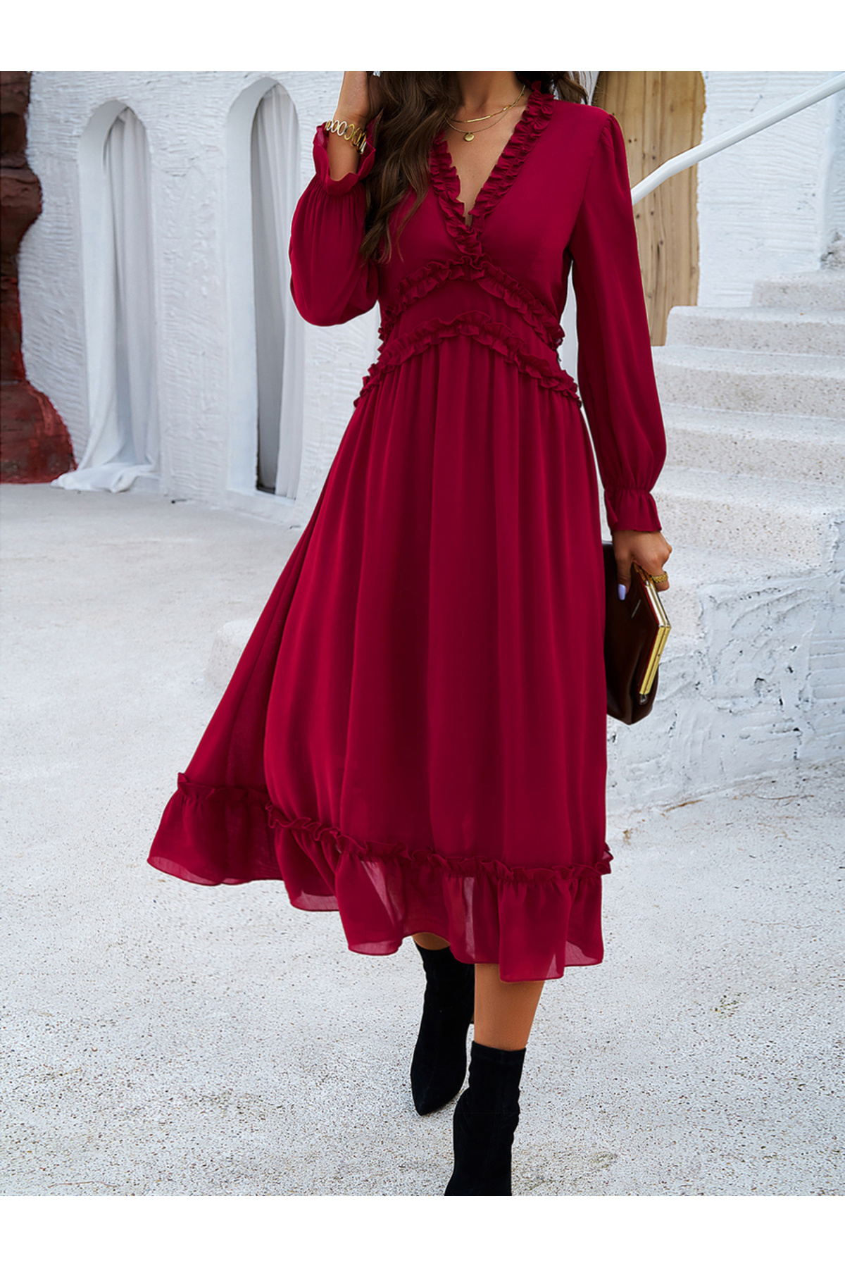 Styli-Flounce Detail Solid V Neck Midi Dress 5