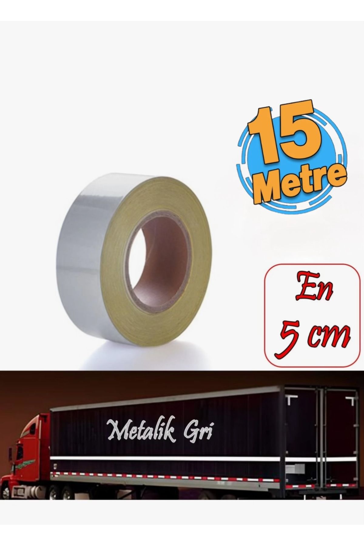 Egebant Düz Desensiz Metalize Gri Renk Gece Parlayan Reflektif Bant 5 cm 15 Metre