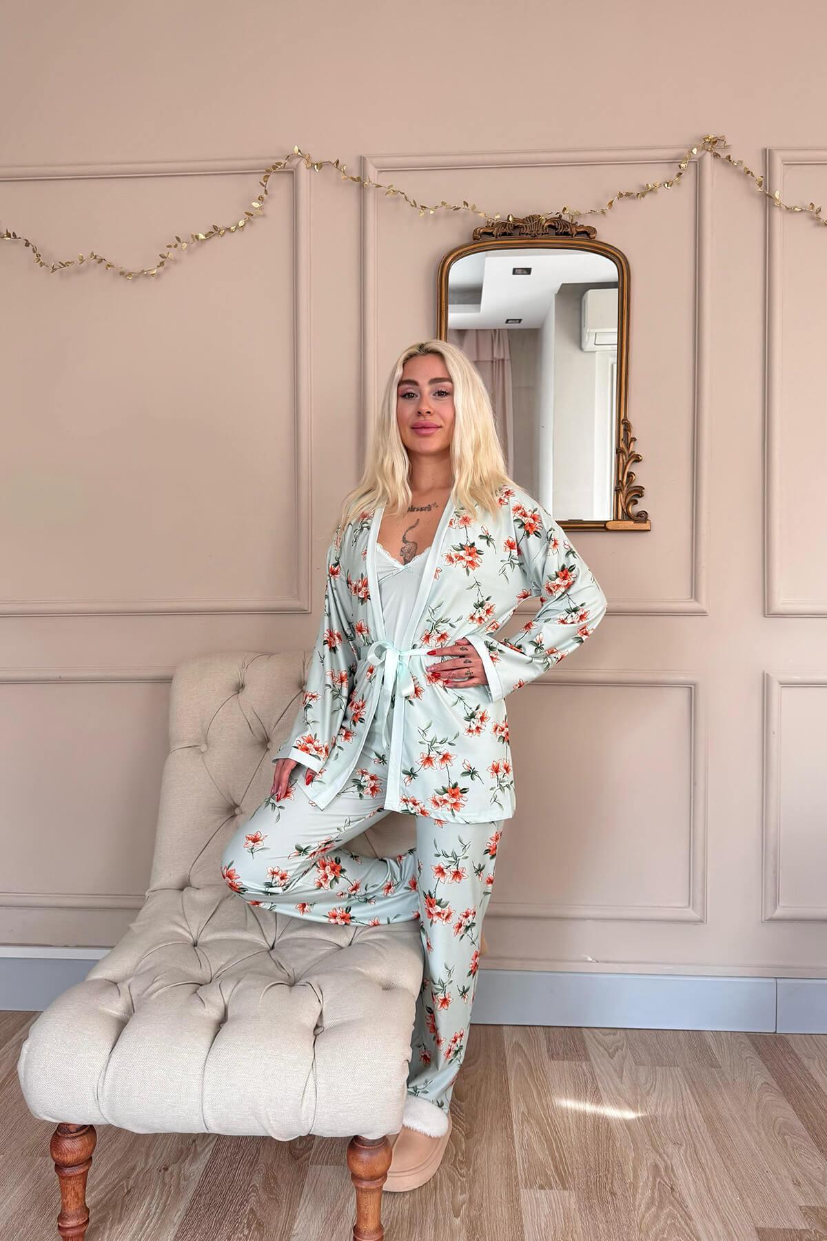 Pijamaevi Mint Floral Breeze Exclusive Örme Sabahlıklı Kadın Pijama Takım görsel 6