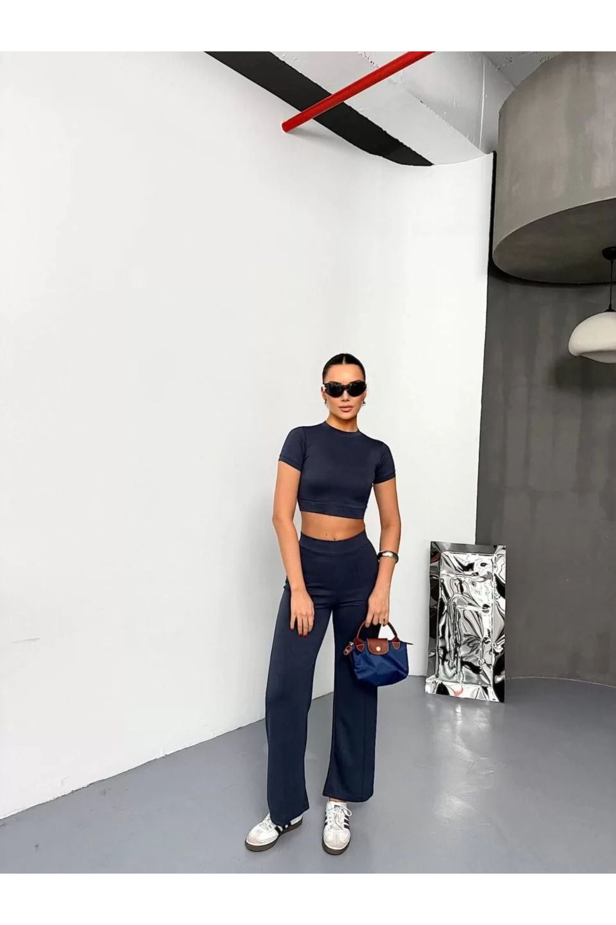 SA Alişveriş Dünyam Osy Modal Yumuşak Dokulu Kumaş Kısa Kollu Crop Alt ispanyol Paça Pantalon ikili Takım - Füme