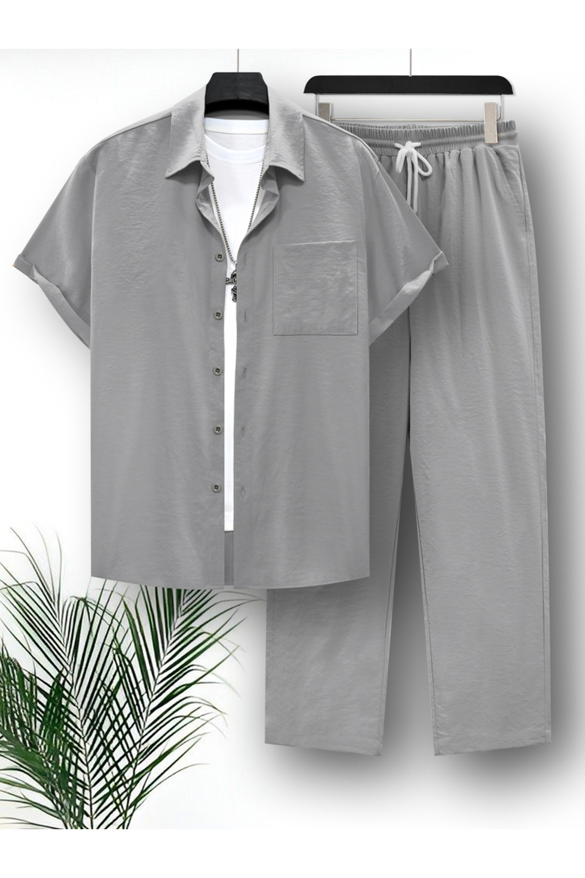 Take Two By Styli-Solid Short Sleeve Shirt and Pants Co-Ords 1