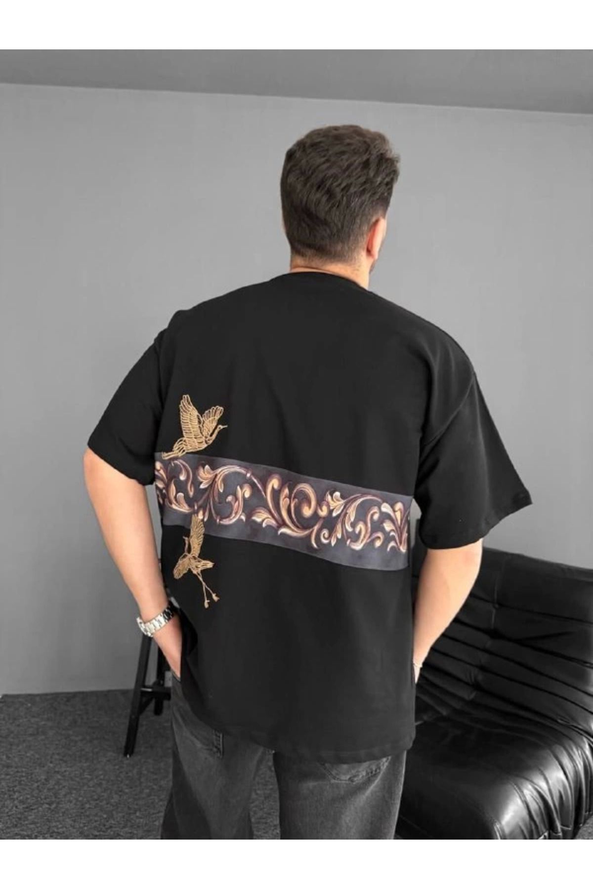 Deridün Yıldız Shoes Ön Ve Arka Baskılı Oversize Bisiklet Yaka T-shirt - Siyah