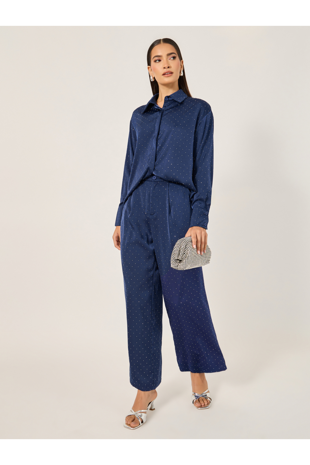 Styli Oversized Embellished Shirt and Wide Leg Pants Co-Ords