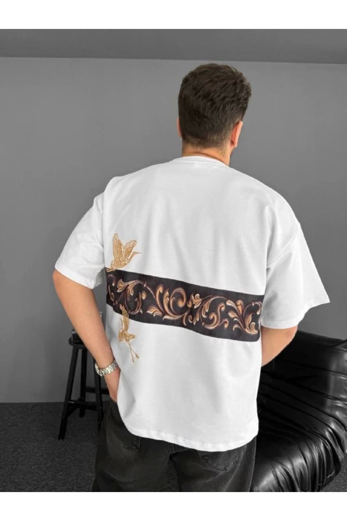 Deridün Yıldız Shoes Ön Ve Arka Baskılı Oversize Bisiklet Yaka T-shirt - Beyaz