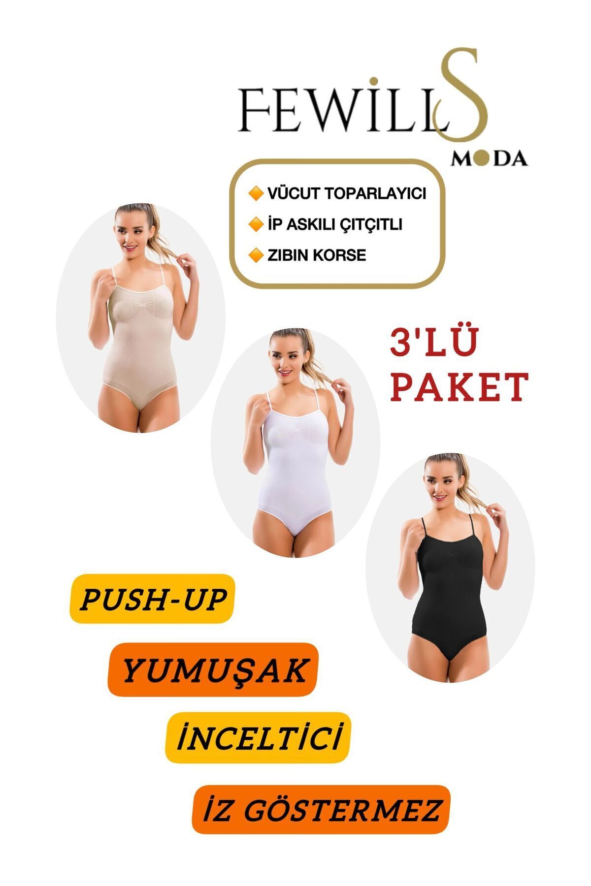 FEWİLLS MODA-Pack of 3 Complete Body Recovery Bodysuit Corset (Seamless) Non-Marking Corset with Hooks at the Bottom 1