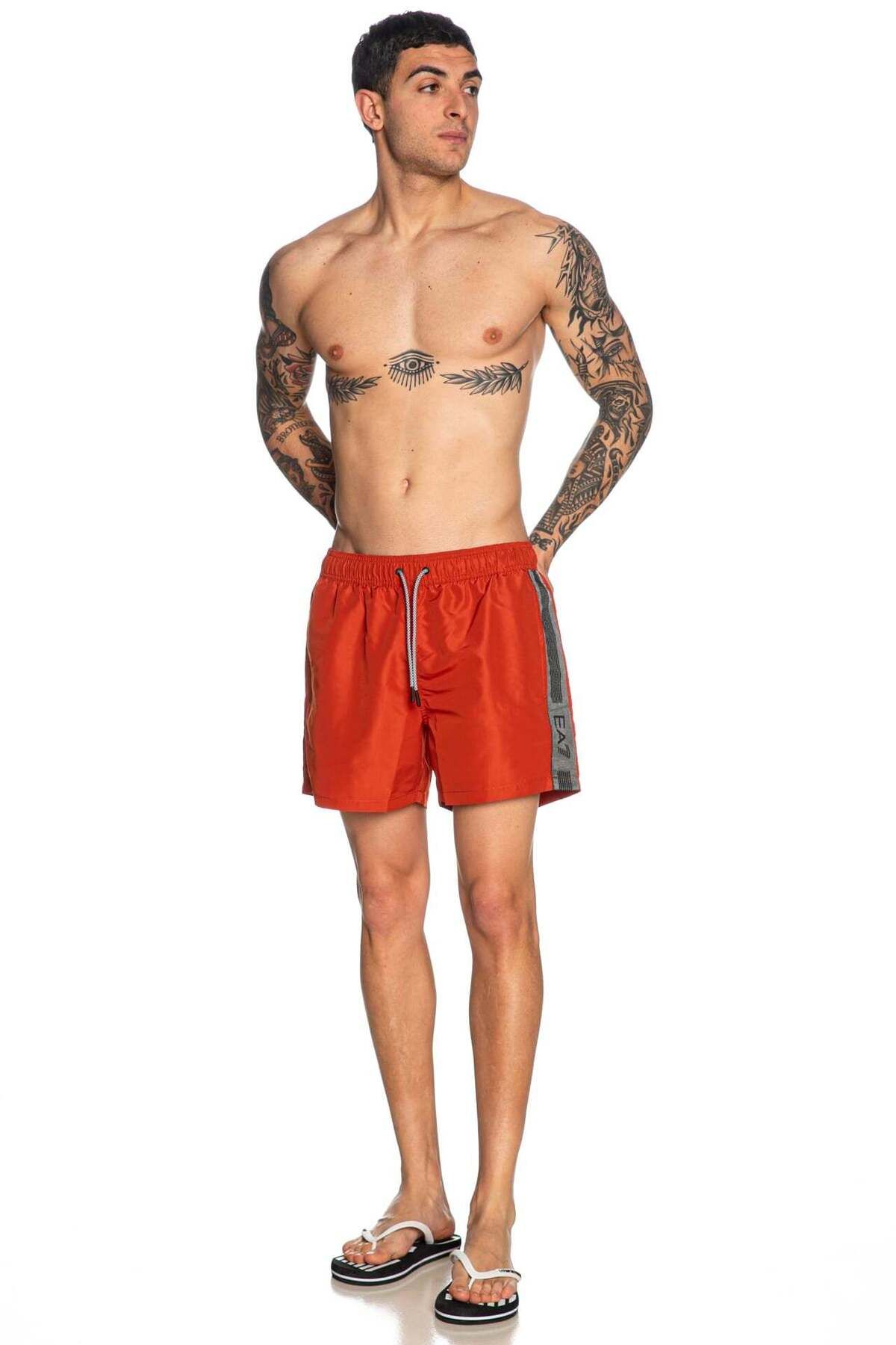 EA7-Men's Red Swim Trunks with Stripe Sides and Elastic Waistband and Drawstring Tie Quick Drying Stretchy Fabric 7m 4