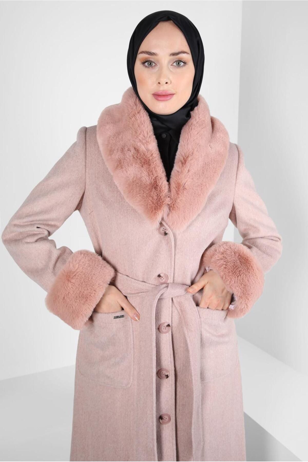 کت کمربند خز دار 90465 Alvina