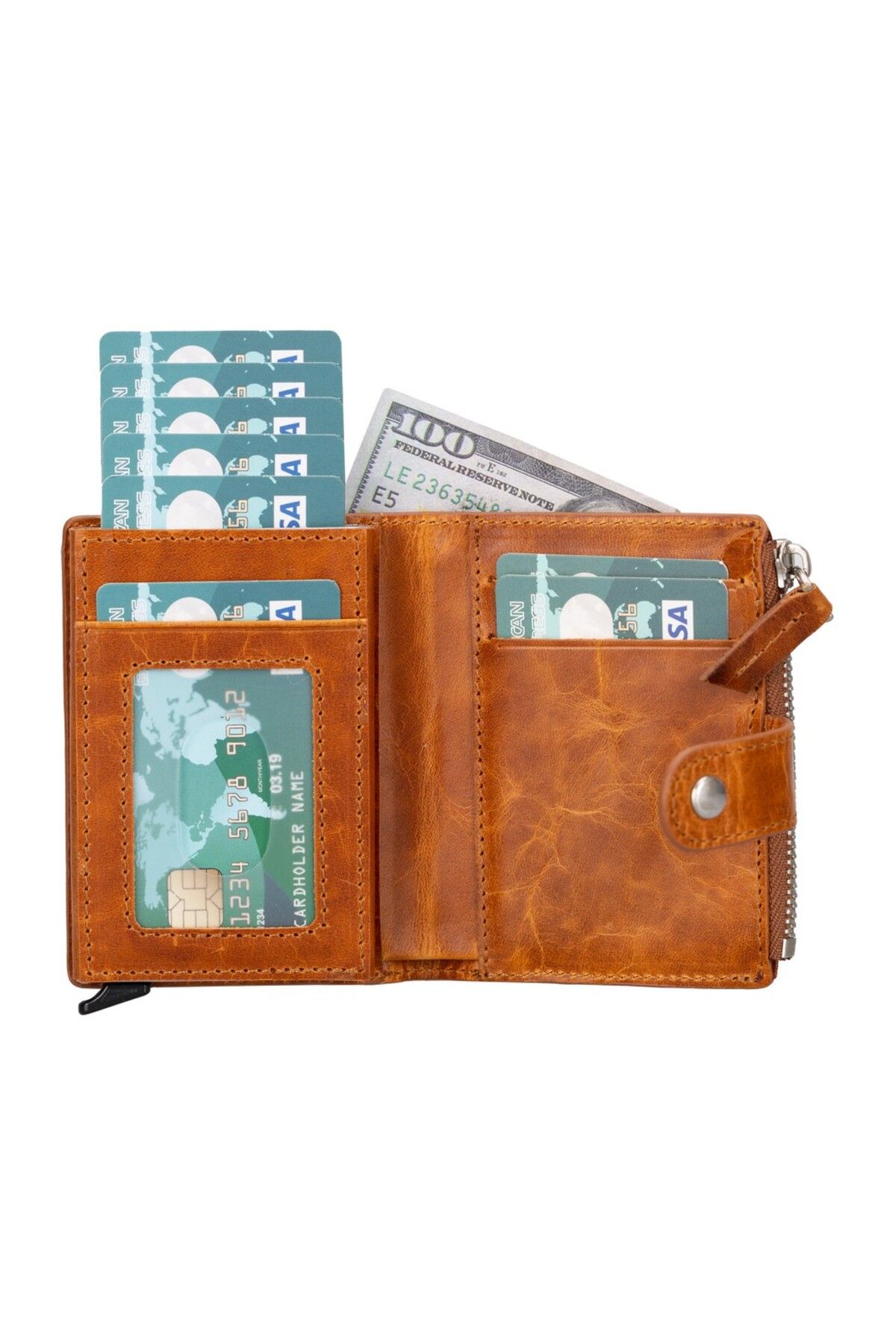 PLM-Leather Wallet and Card Holder, with Mechanism, 10 Card Compartments, Tan 4