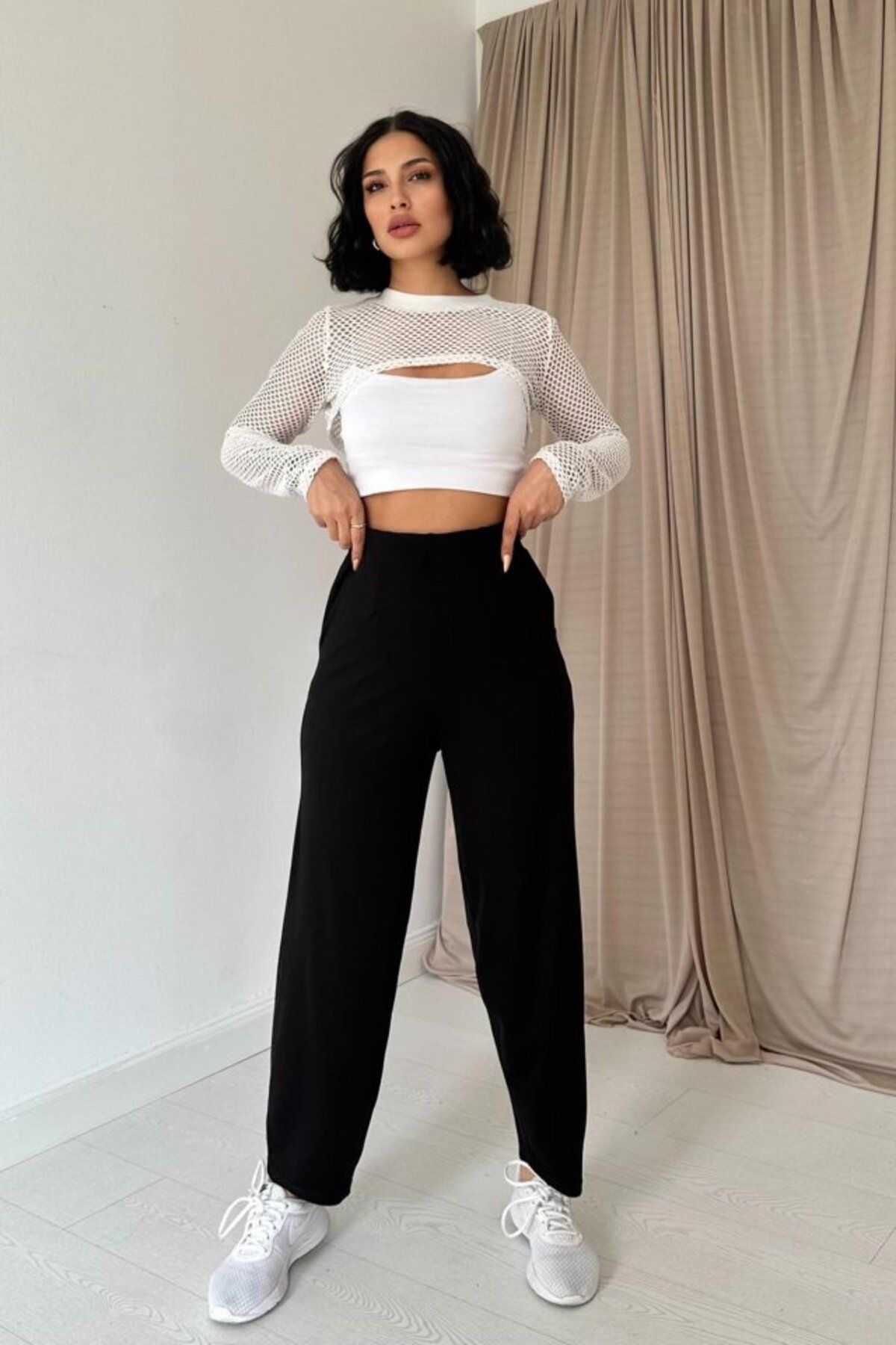 velmorafashion Siyah Pensli Lastik Detaylı Pantolon