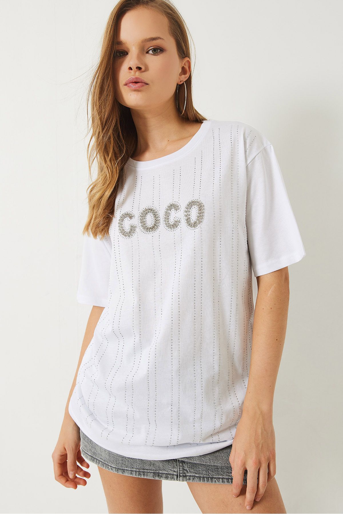 Bianco Lucci-Tricou cu mânecă scurtă cu decolteu și cu imprimeu cu piatră 60283035 4