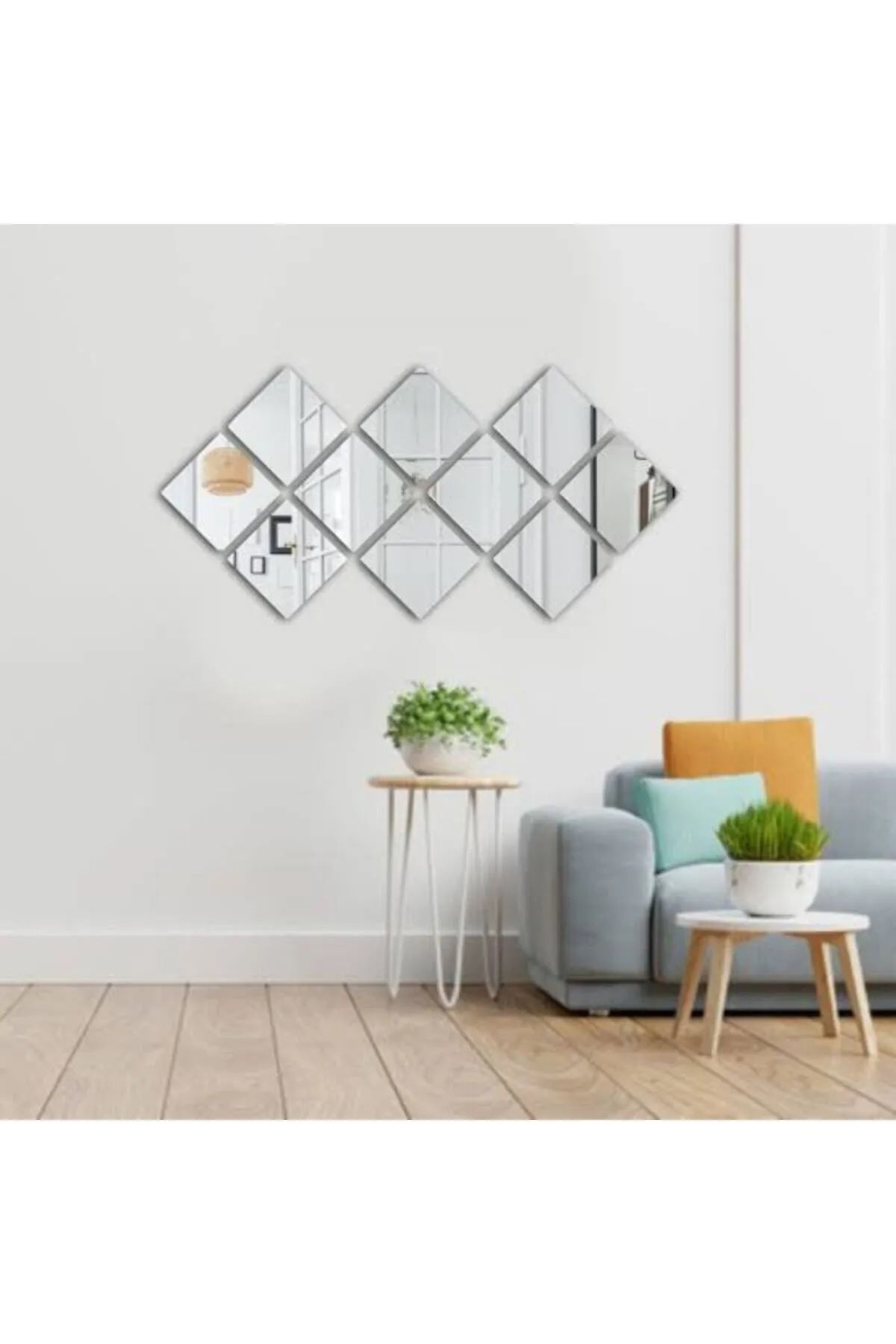 Elioure Şık 4'lü 20x20 cm Kare Pleksi Aynalar, Duvar Dekoru, Gümüş Renk