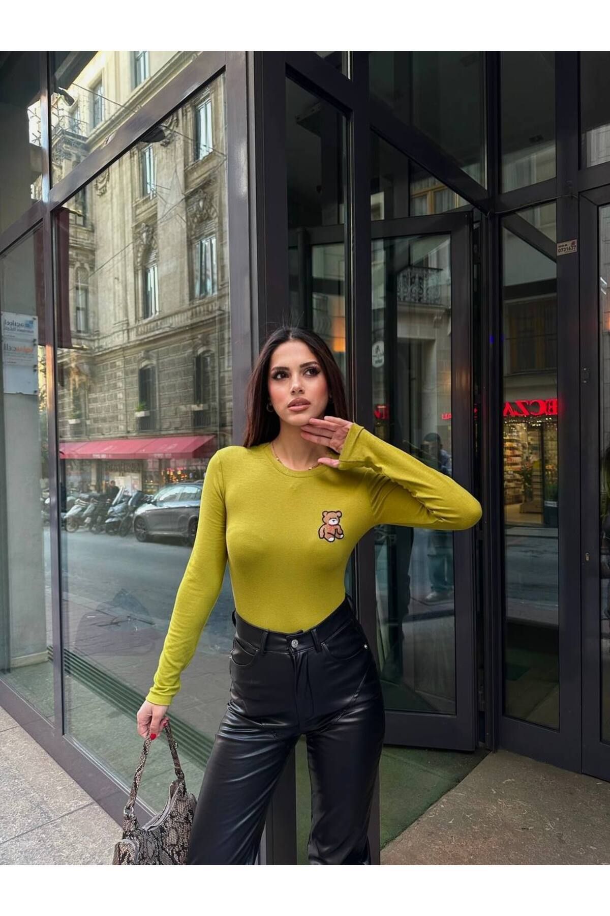 Kayaka triko Bluză Verde Cu Mânecă Lungă Cu Imprimeu Teddy Femeie - S