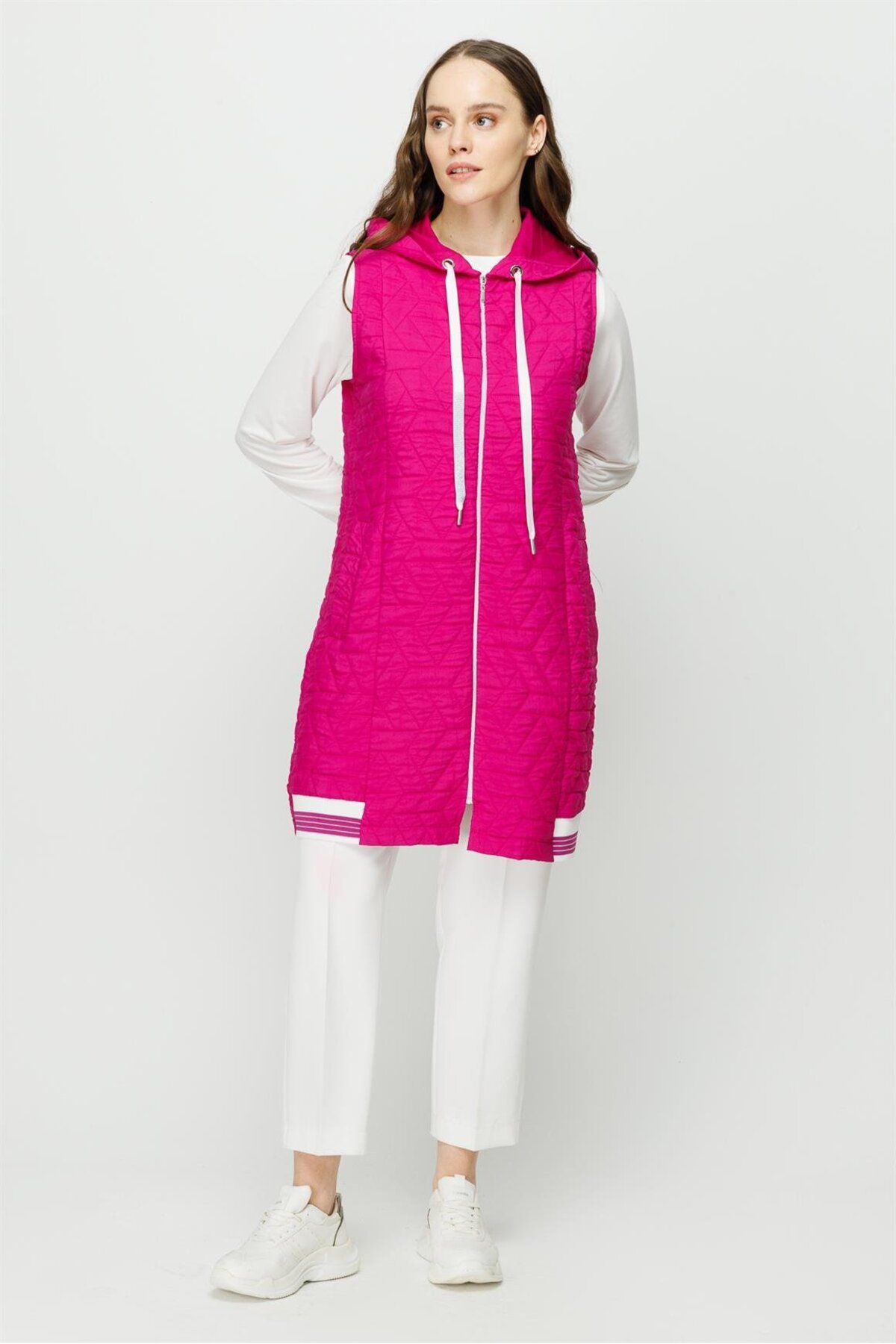 Esswaap-Self Patterned Hooded Vest Tunic Set Fuchsia 2
