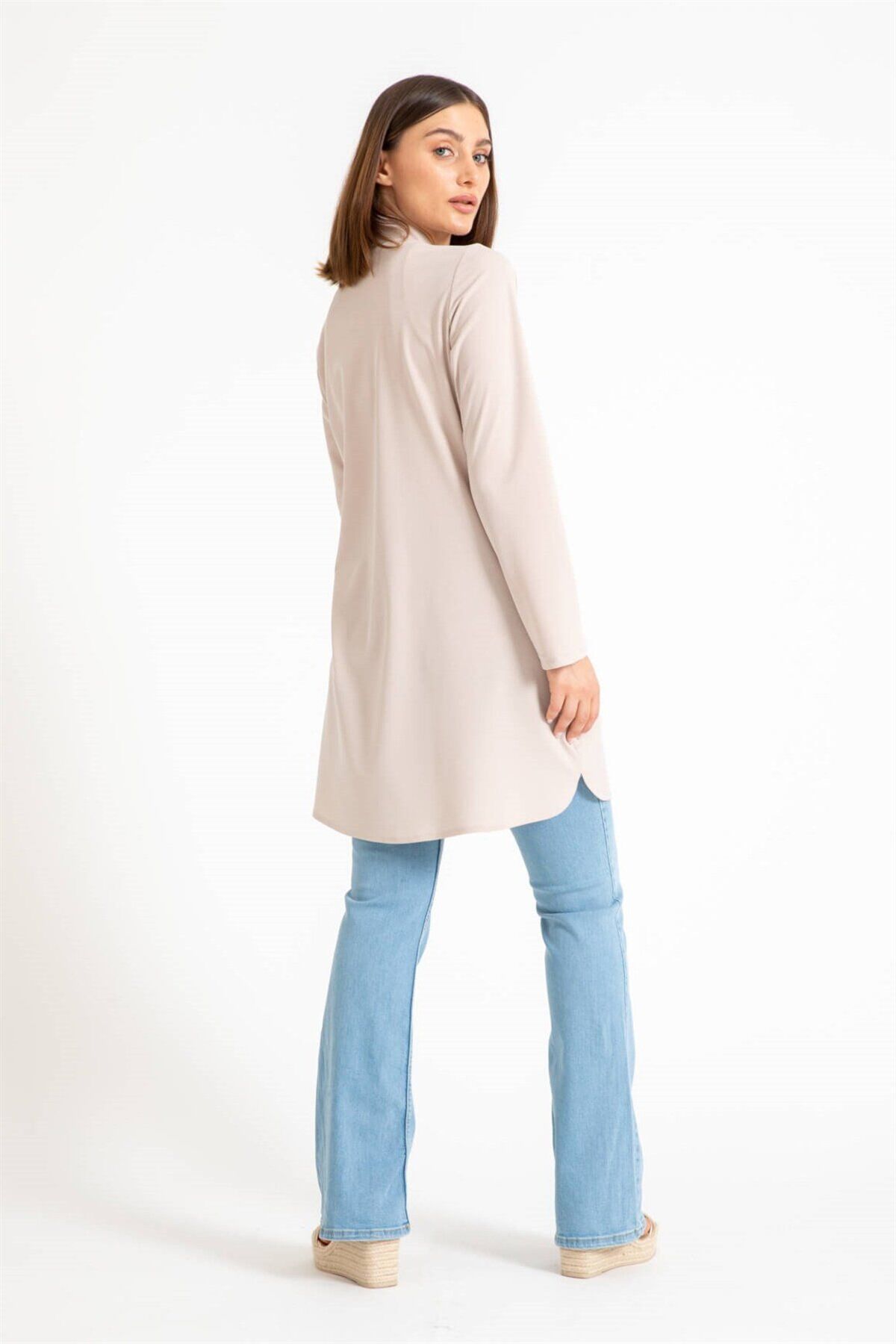 Esswaap-Gather Detailed Tunic Jacket with Snap Closure on the Front Beige 6