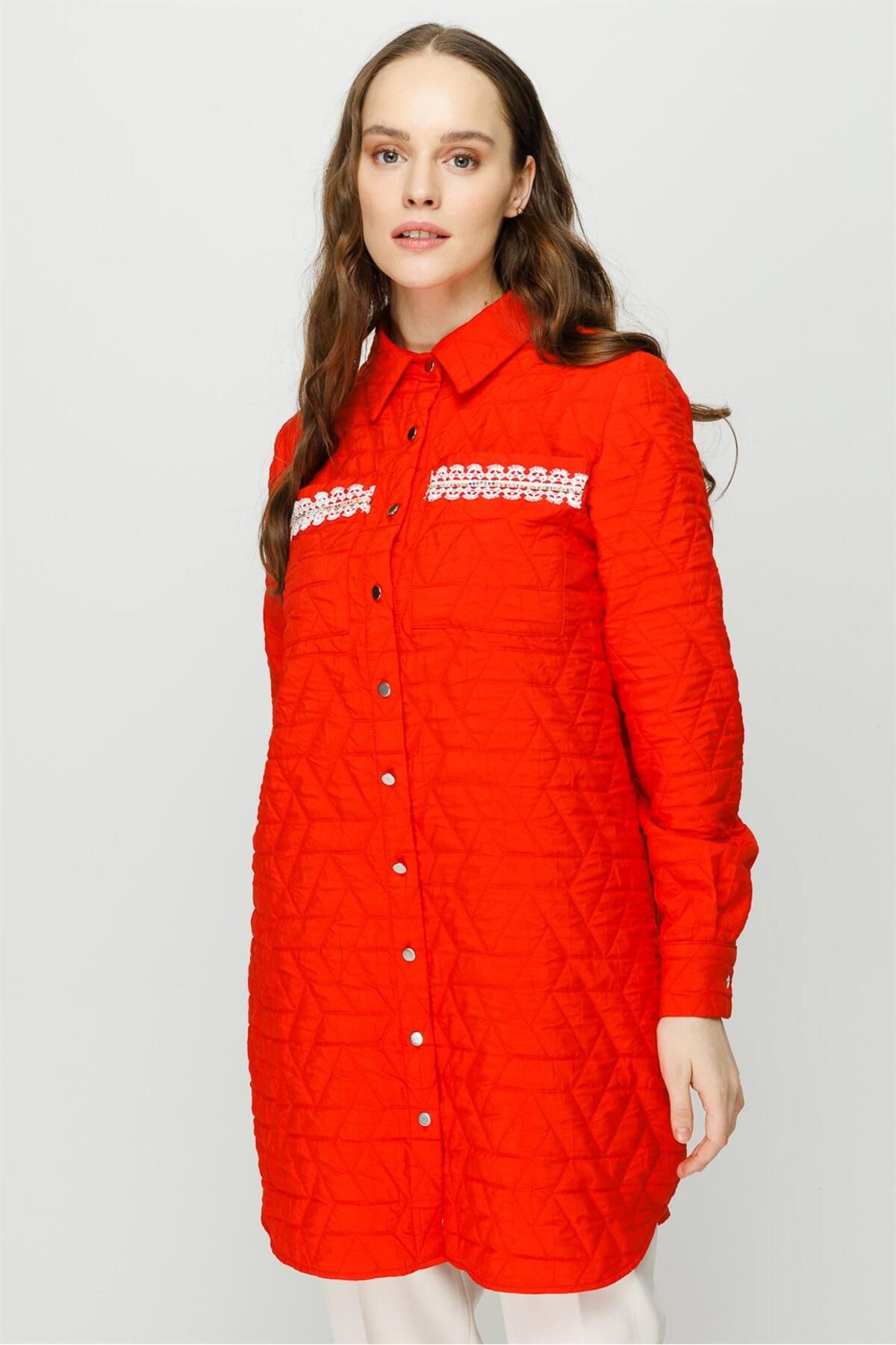 Esswaap-Light Fabric Double Pocket Scallop Detailed Wear Off Jacket Orange 4