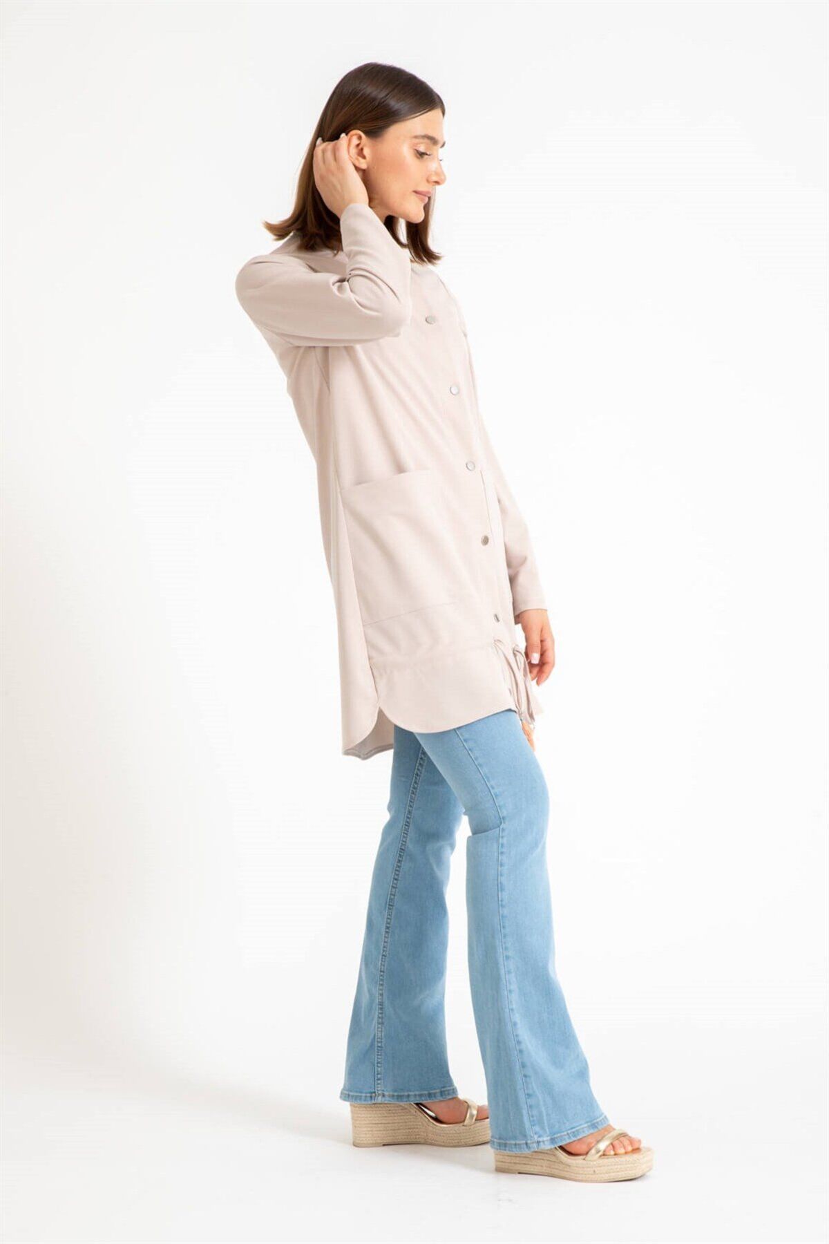 Esswaap-Gather Detailed Tunic Jacket with Snap Closure on the Front Beige 2