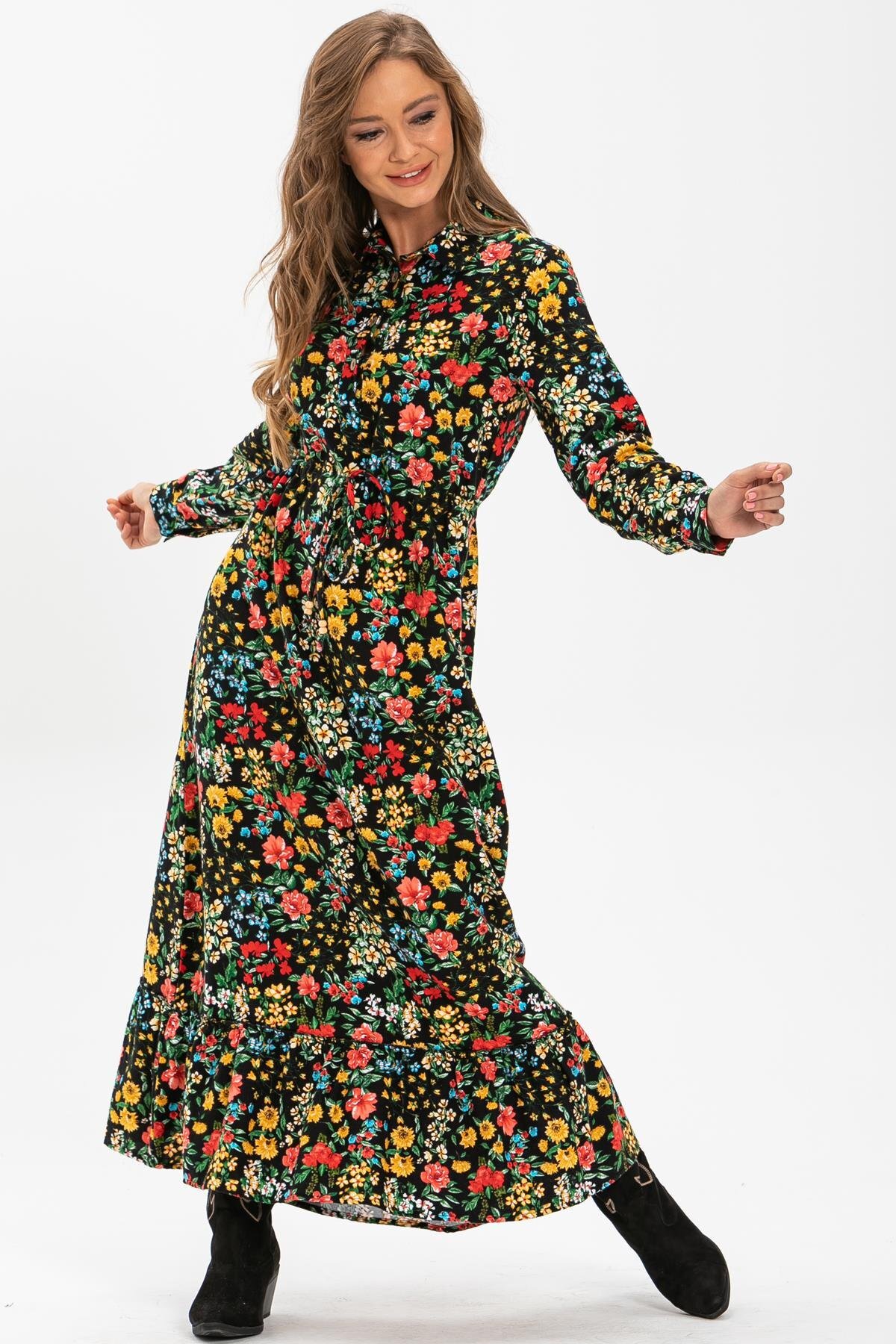 Long Sleeve Seçil Pazen Long Autumn And Winter Dress Spring Pattern Black Syh