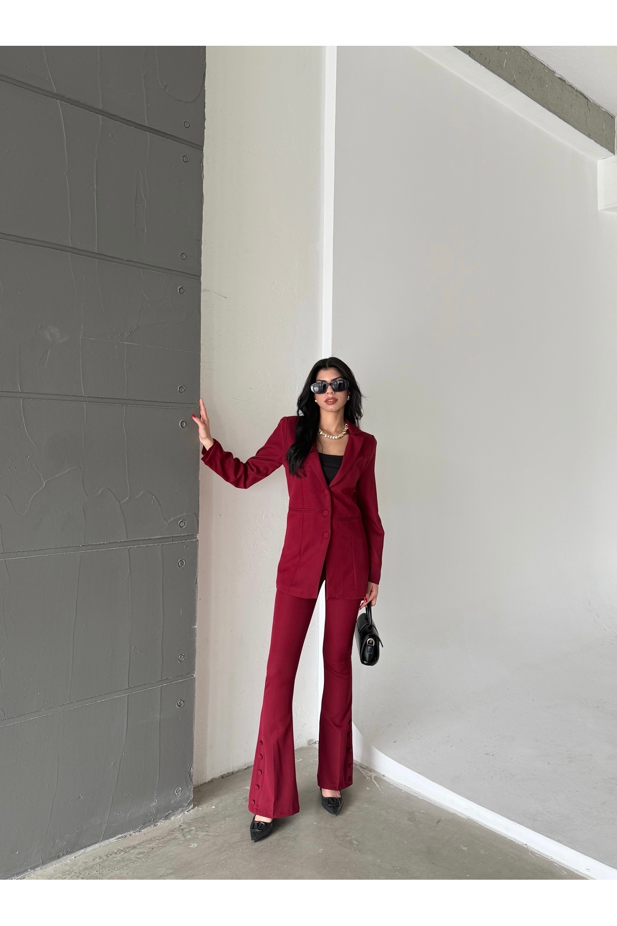 Female Clothing Bordo Fleto Cep Düğmeli Blazer Ceket Kemerli Ispanyol Paça Düğmeli Esnek Pantolon Takım Elbise