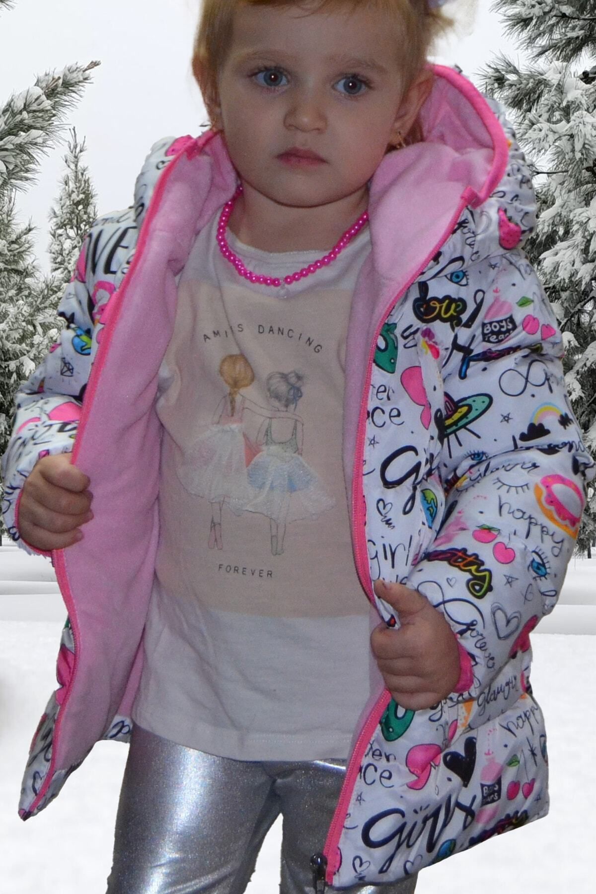 freemen-Sports Girl Sports Children's Fleece Hooded Girls' Written Butterfly Patterned Coat & Coat & Parka 4