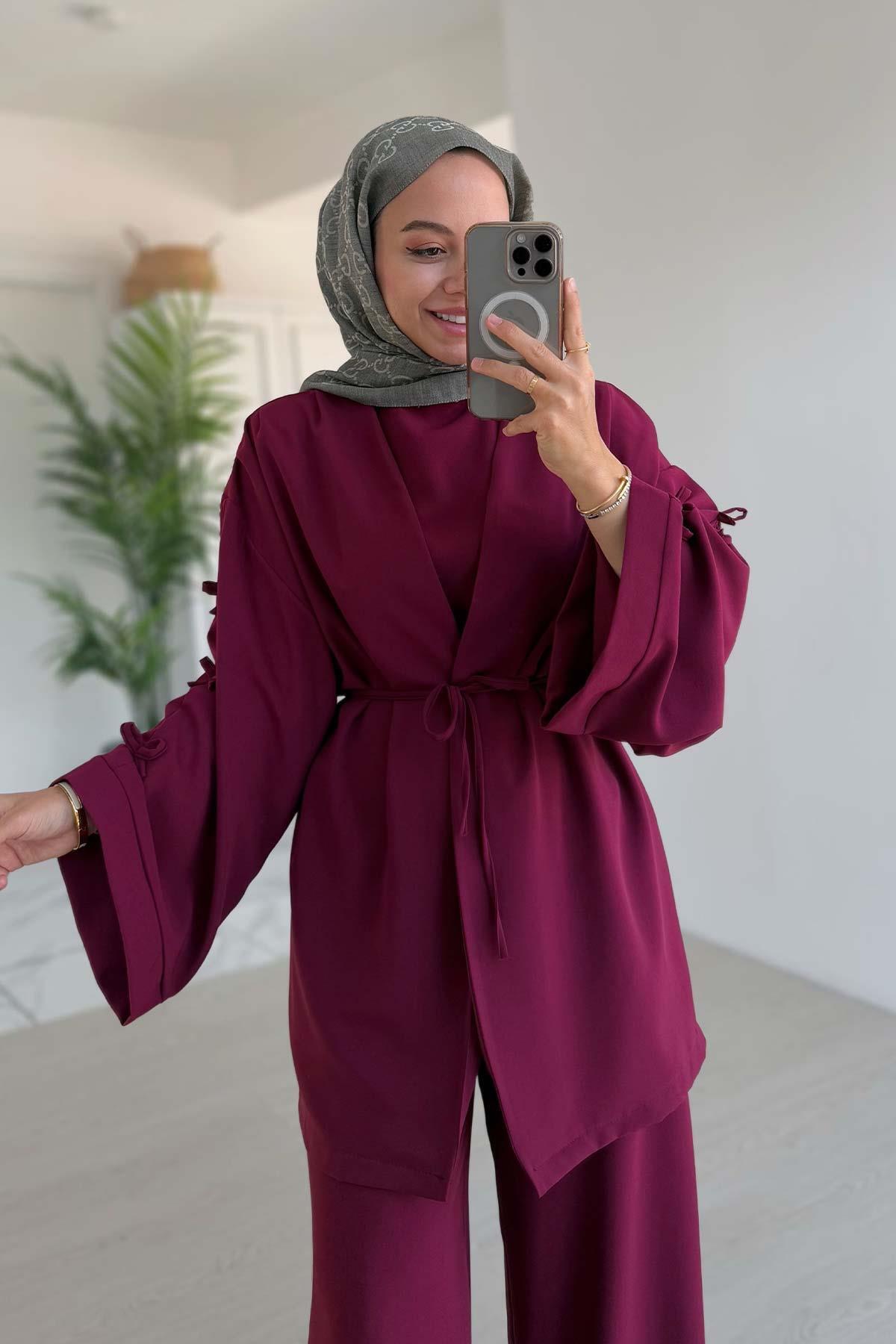 Ka Hijab-Three-Piece Suit with Bow Detail on Sleeves - Plum 3