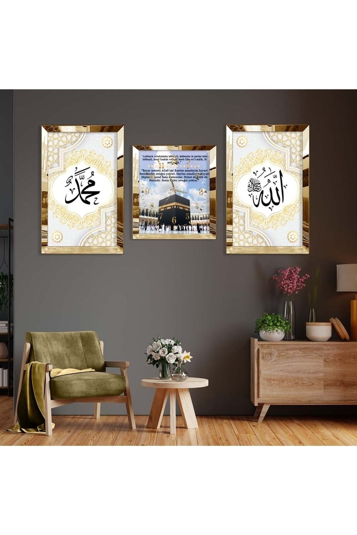 Elioure Aynalı Pleksi Kabe Dini Modeli Üçlü MDF Tablo ve Saat Seti
