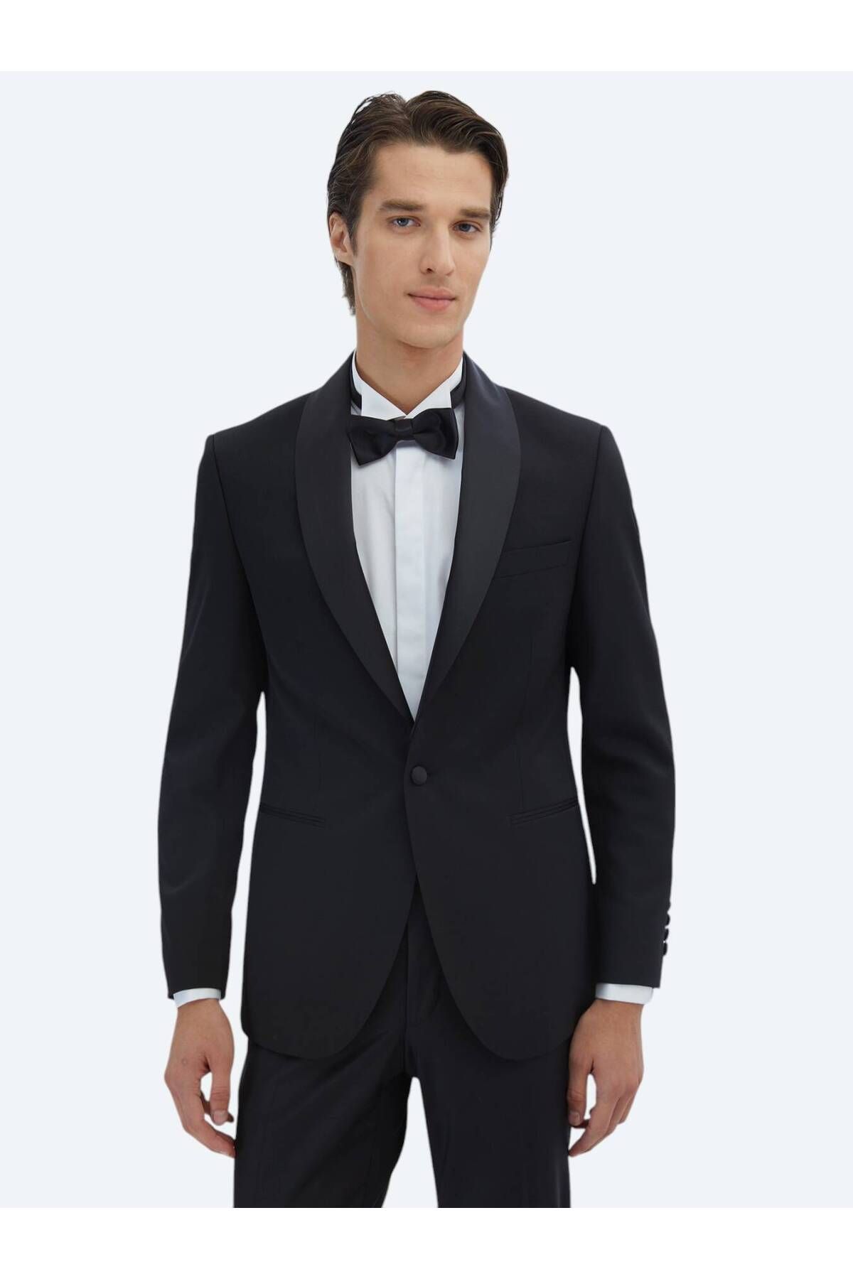 Kip Siyah Düz Slim Fit Çıkarılabilir Şal Yaka Dokuma Smokin Takım Elbise