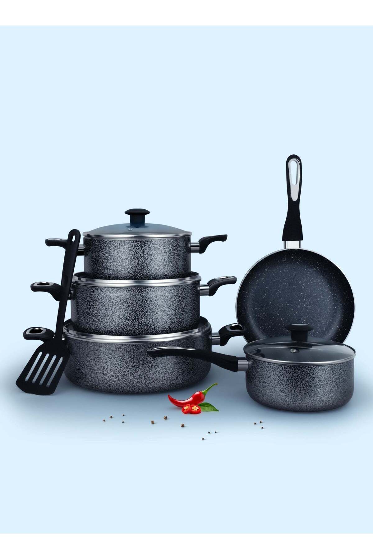 İMPEX 10-Piece Aluminum Cookware Set, 5-Layer Granite Non-Stick, PFOA Free, Pans & Lids, NCB 7110