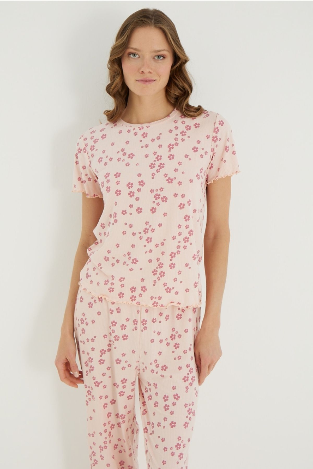 İPEKTENİM-Mini Floral Patterned Text Detailed Ornamental Stitched Pajama Set 3