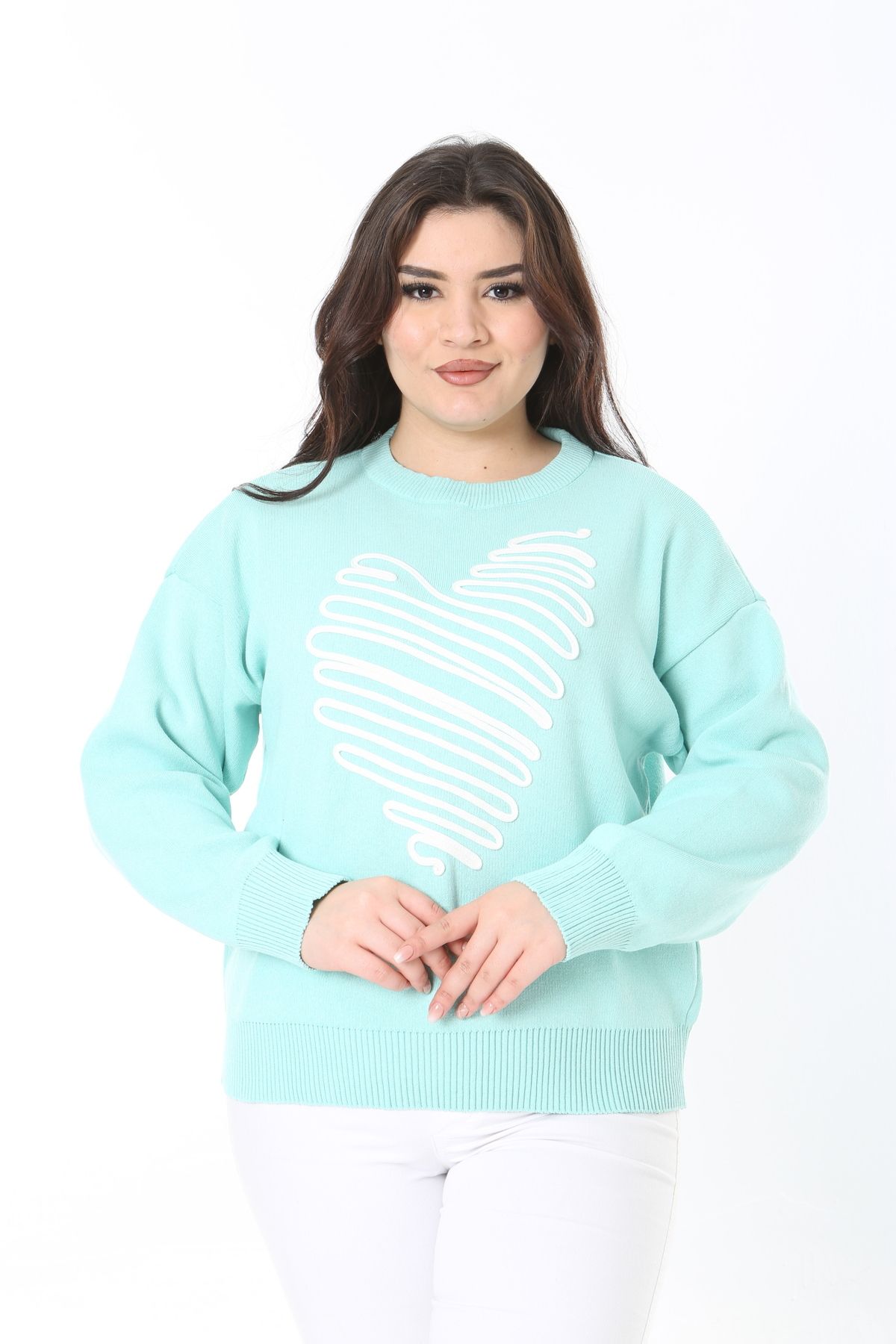 Şans-Women's Large Size Green Suzine Embroidered Knitwear Sweater 65N38862 7