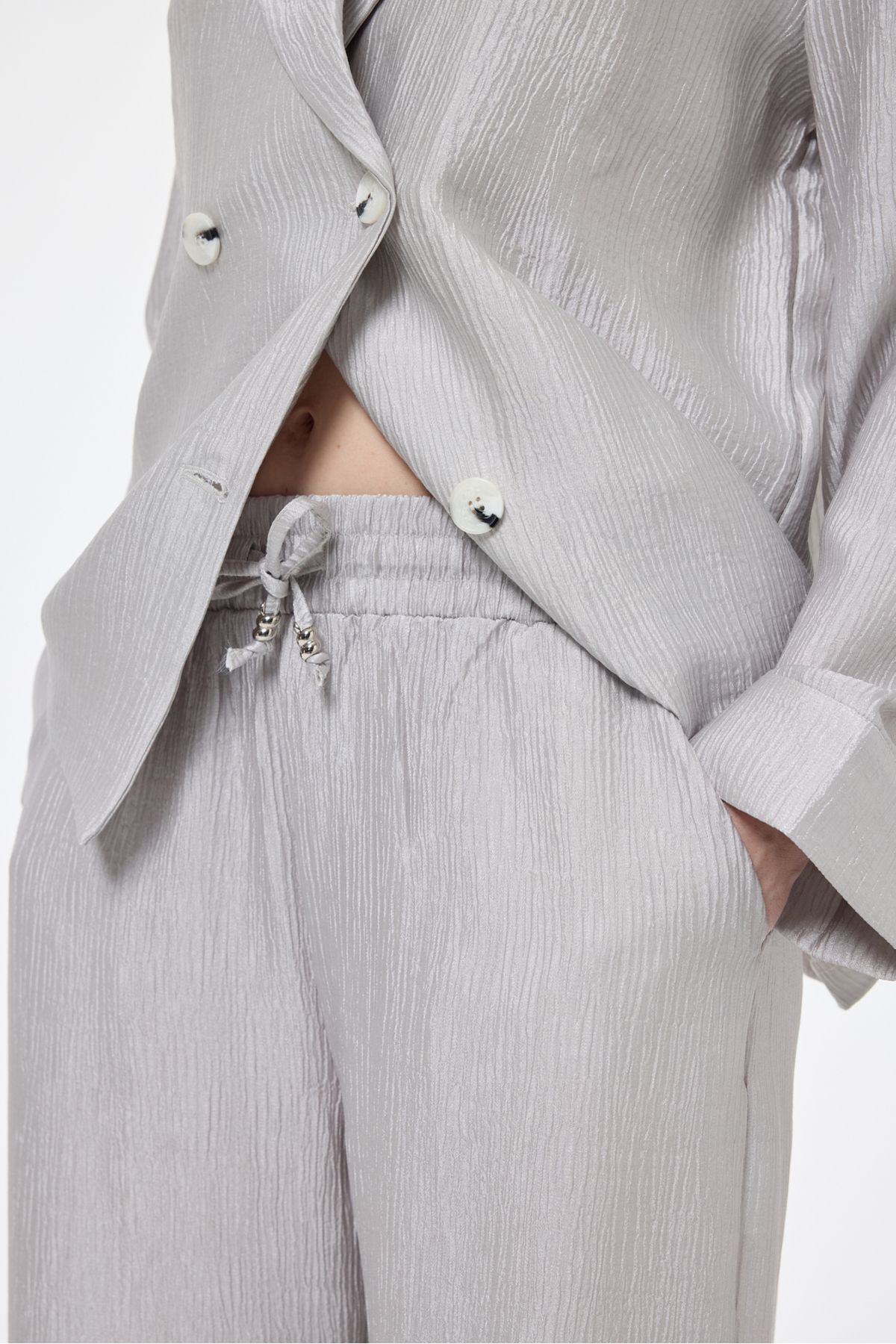 Quzu-Gray Elastic Waist Wide Pants Textured 4