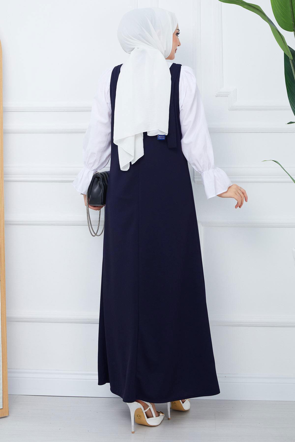 hafsamina-Темно-синя трикотажна сукня-жилет Nehir HM2389 5