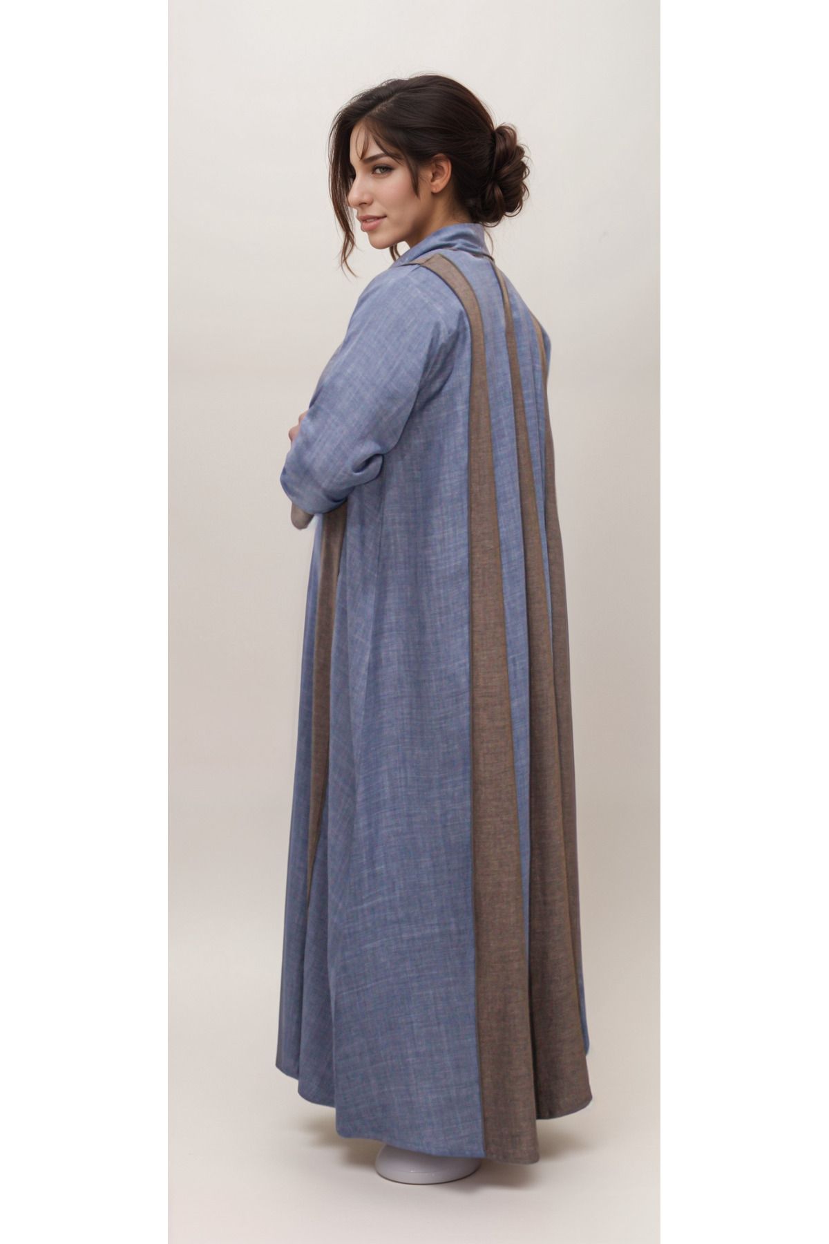 Generic-Multi-colored linen abaya with rectangular linings along the length of the abaya made of the same fabric 3