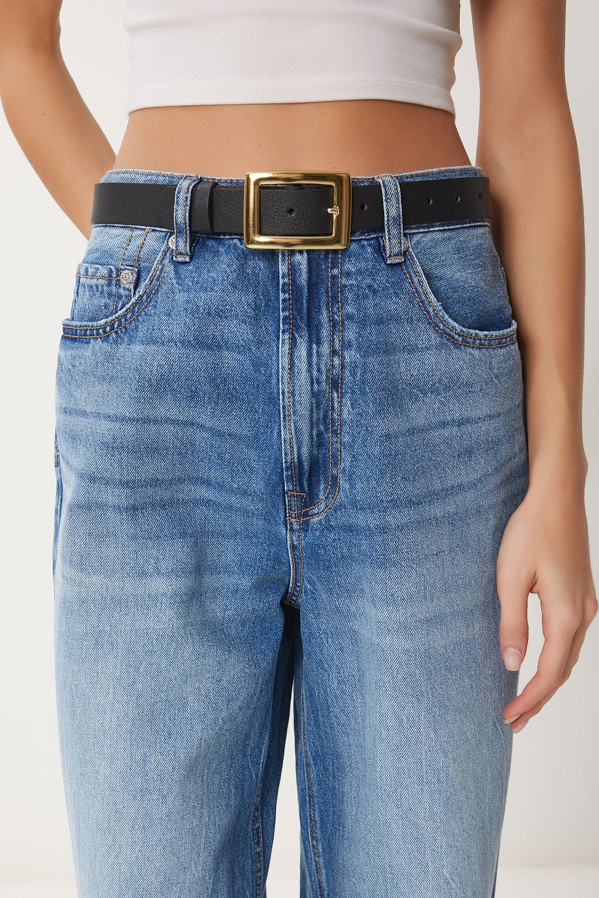 Happiness İstanbul-Schwarzbrauner 2er-Pack Kunstledergürtel mit goldener Schnalle für Damen ZW00001 5