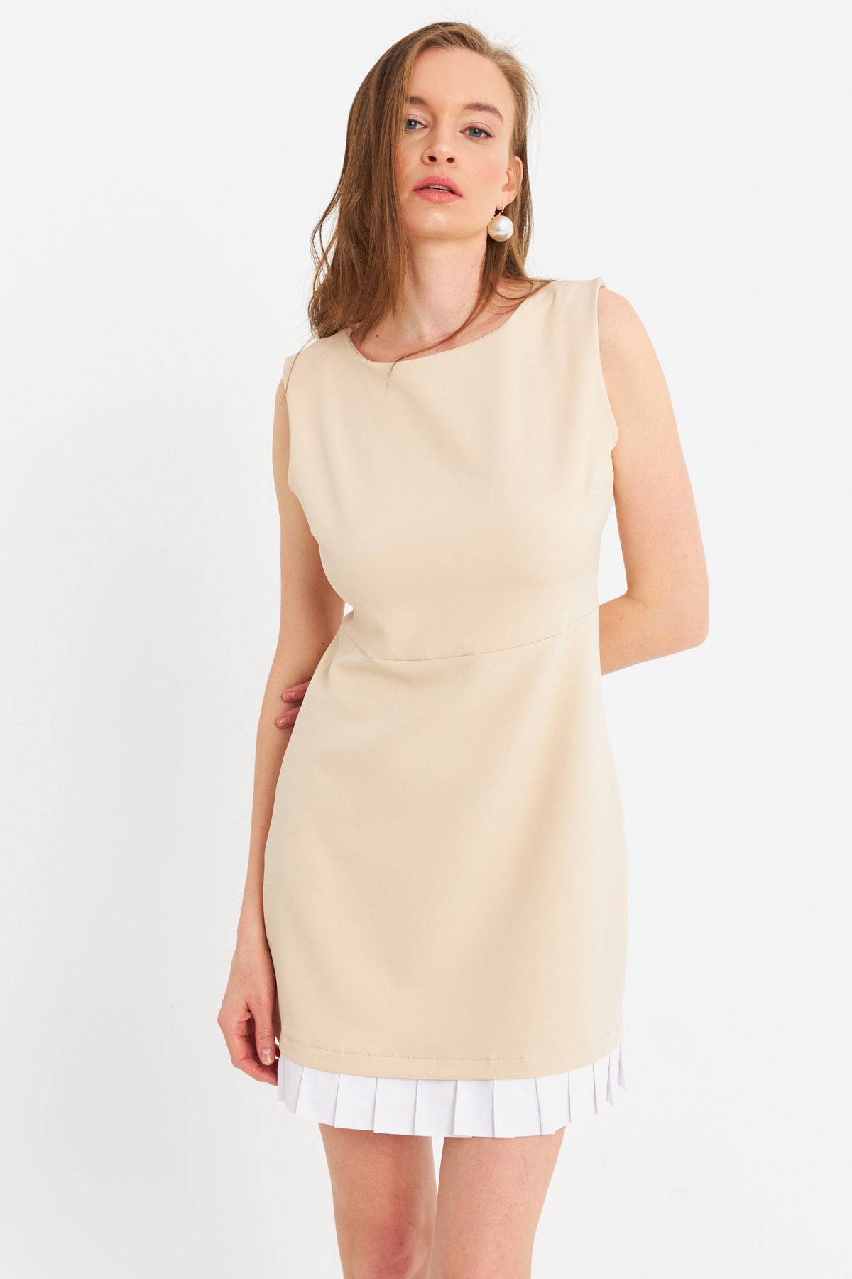 Cool & Sexy-Women's Mini Dress - Pleated Contrast Cream Fry100 3