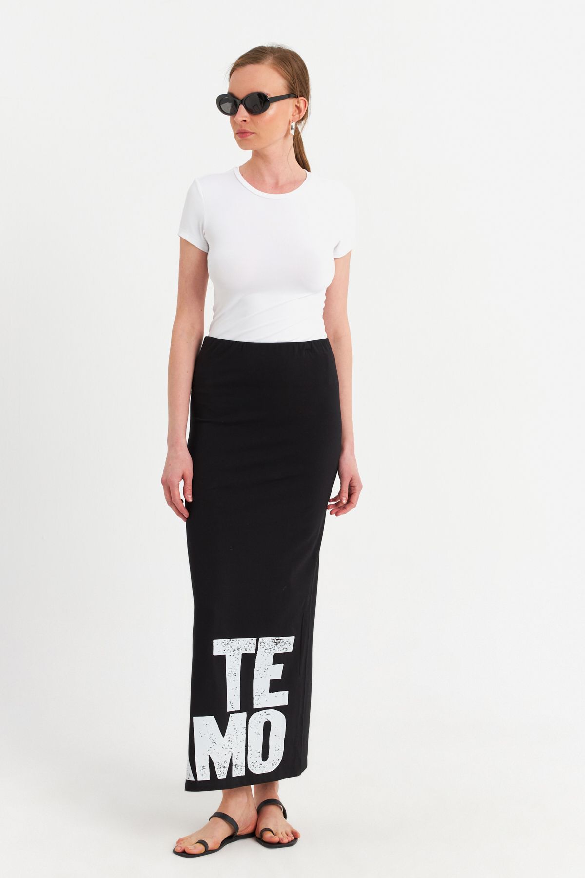 Cool & Sexy-Women's Black Printed Slit Midi Skirt Tpg09 2
