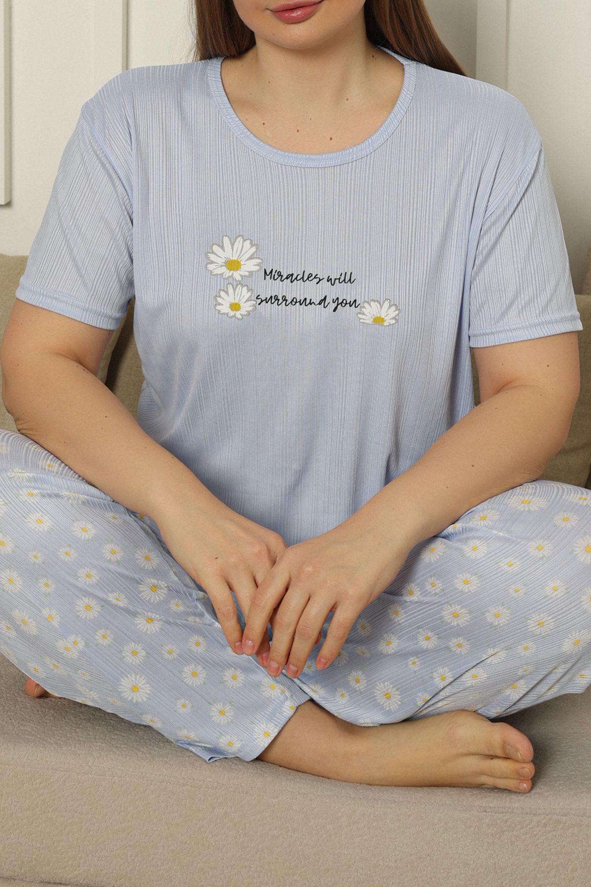 Edit by Trendyol-Lilac Daisy Patterned Knitted Large Size Pajama Set Tedss25Ai00003 2