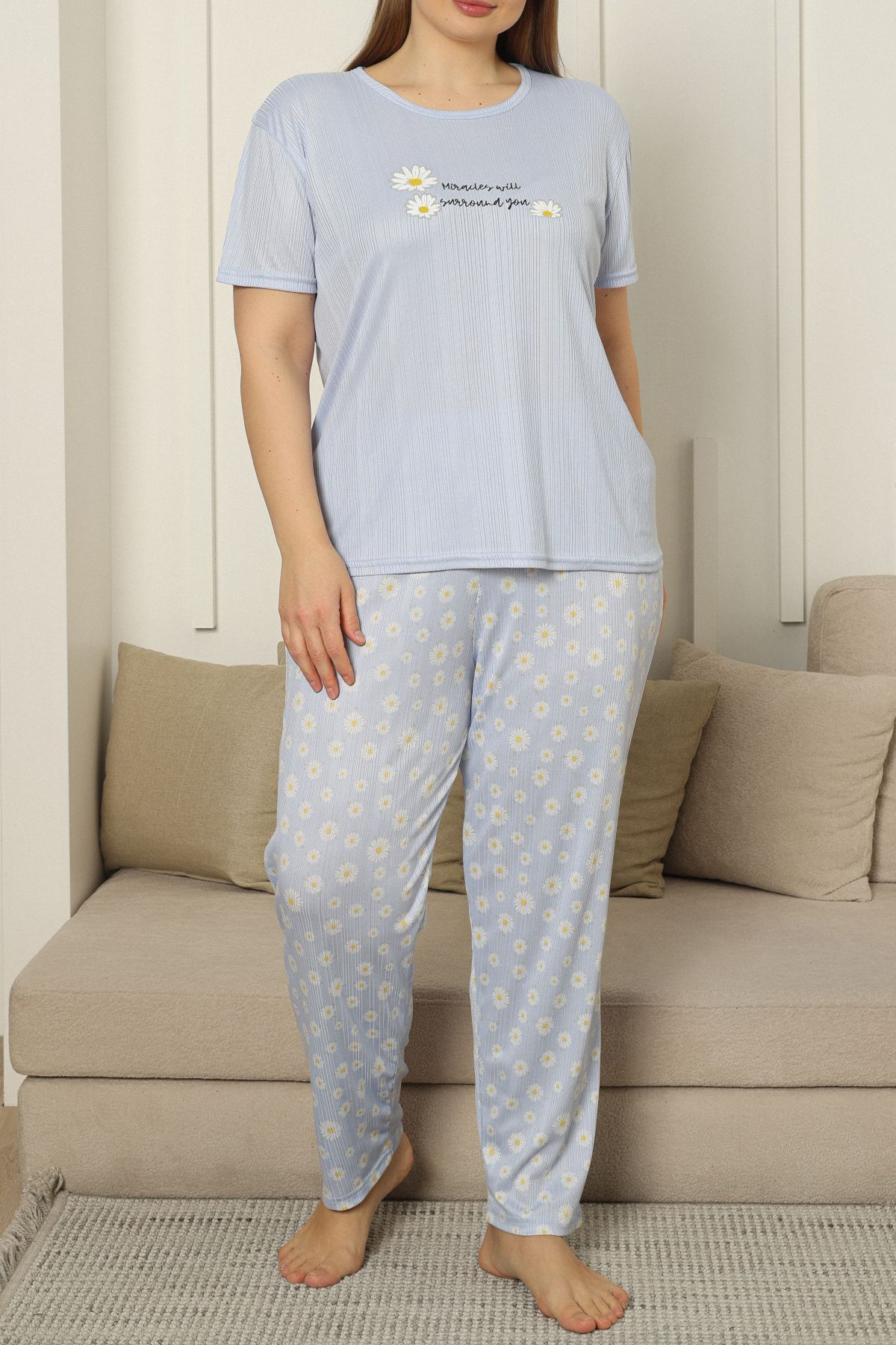 Edit by Trendyol-Lilac Daisy Patterned Knitted Large Size Pajama Set Tedss25Ai00003 1