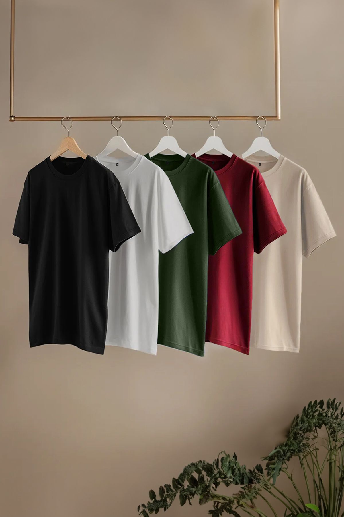 Trendyol Collection 5-pak Koszulek Slim Fit - Stone, Khaki, Claret Red, Czarny, Biały Mężczyzna - S