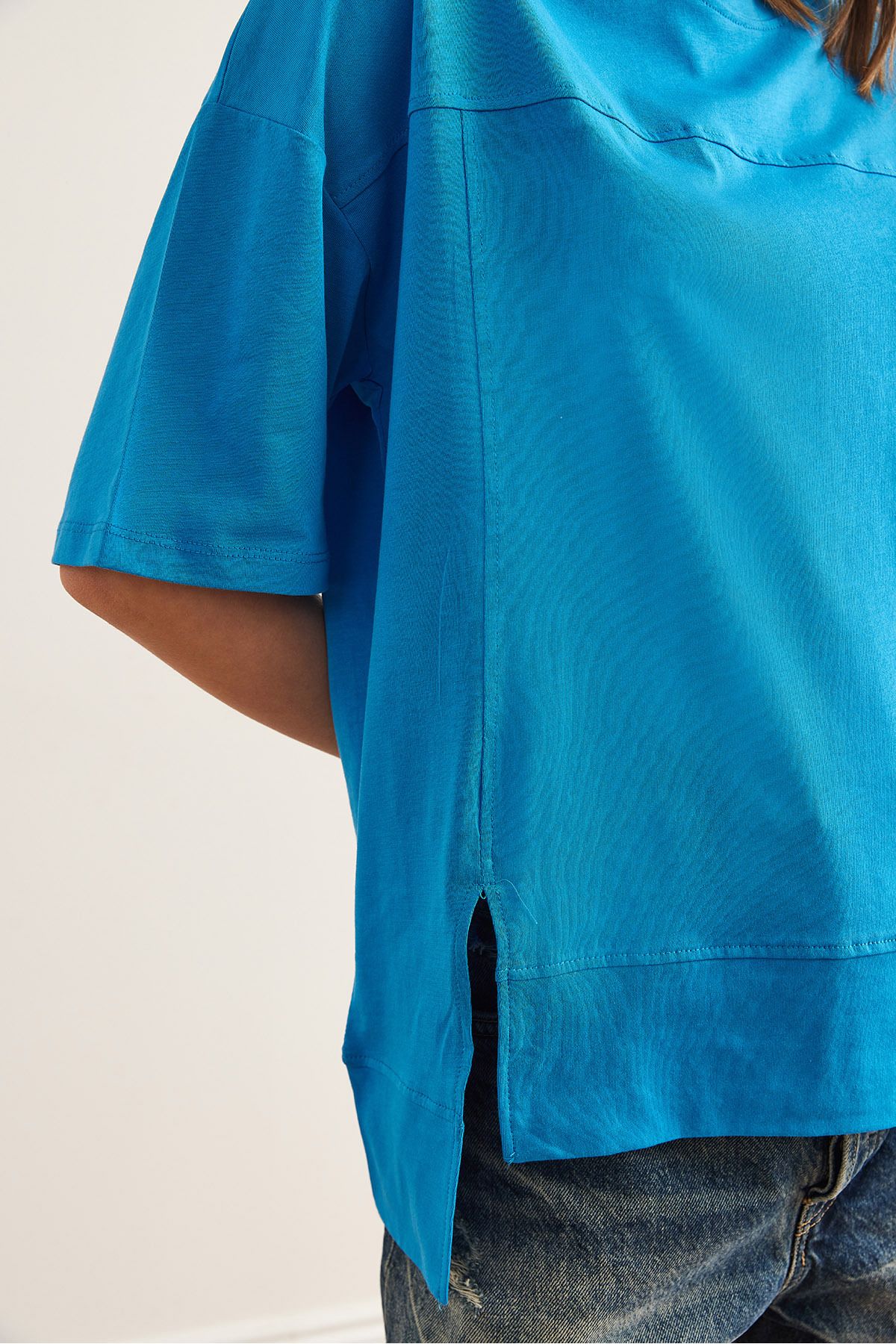 Olalook-Tricou de damă din bumbac, albastru cer, cu cusături, cu decupaj în față TSH- 19000800 4