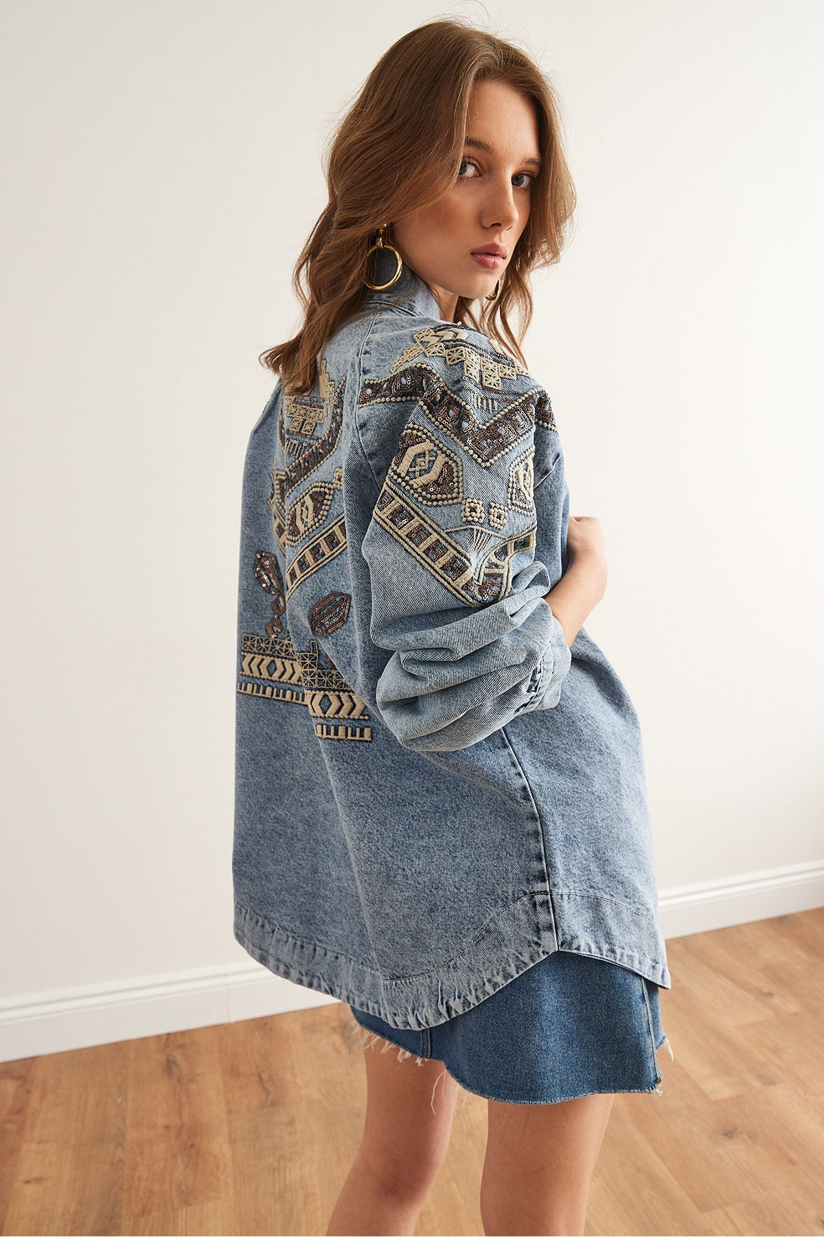Olalook-Damen Jeansjacke mit geometrischen Pailletten, blauen Pailletten und Paillettenstickerei, detailliert CKT- 19000416 6