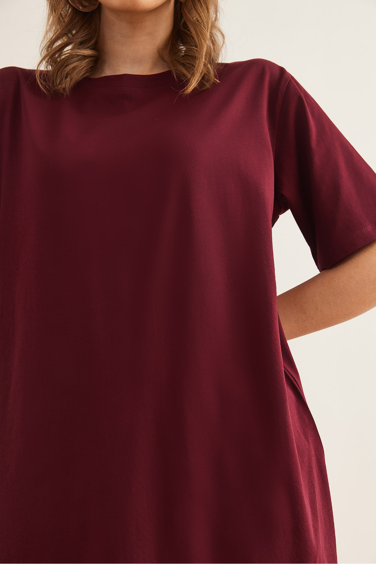 Kadın Bordo Yanı Yırtmaçlı Oversize Pamuk Elbise ELB-19001880