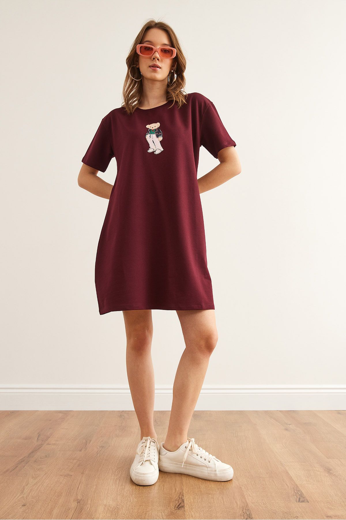 Kadın Bordo Ayıcık Baskılı Tunik Elbise ELB-19002352