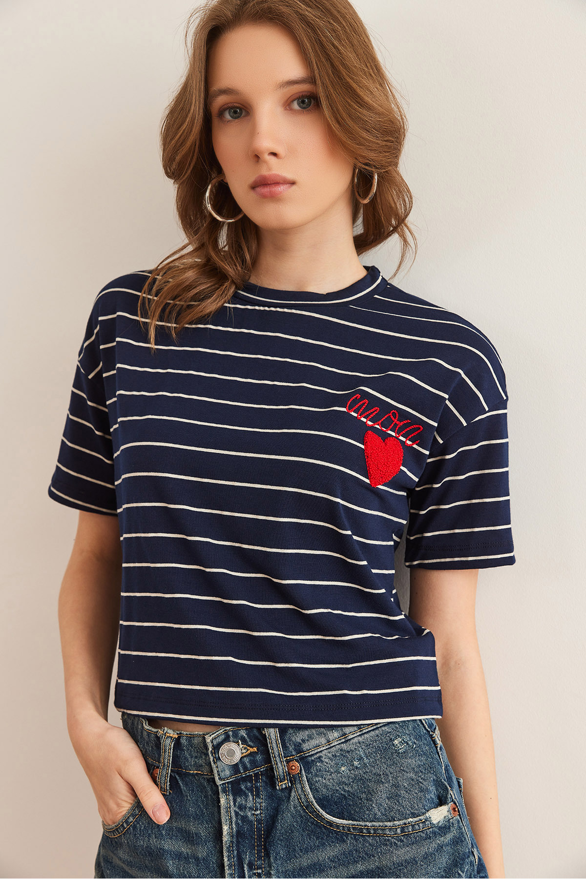 Women's Navy Blue Striped Crop T-Shirt with Heart Detail TSH-19000856