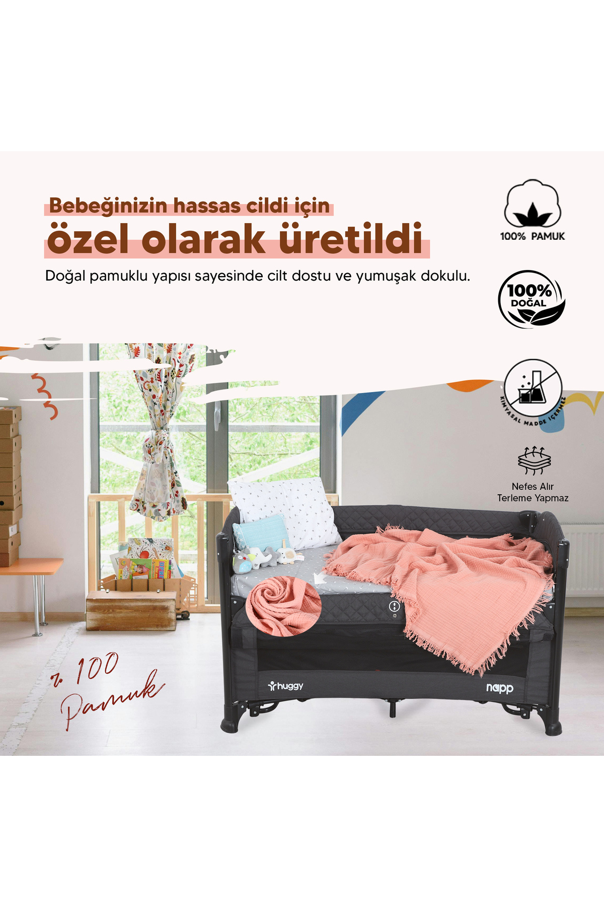 Huggy Mercan 4 Katlı Müslin Bebek Battaniyesi – 100x130 %100 Pamuk, Kız Bebek Uyumlu fotoğrafı 3 (önizleme)