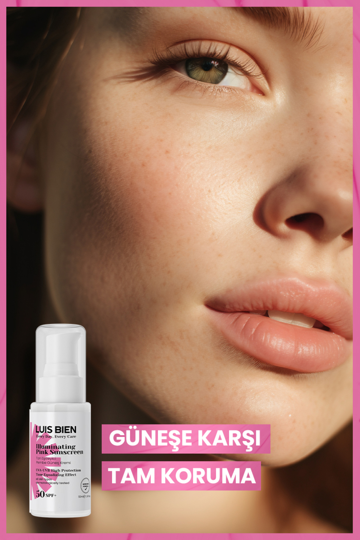 Pembe Güneş Kremi SPF 50+ 50 ml | Renkli Ton Eşitleyici, Leke Karşıtı & Nemlendirici Yüz Güneş Kremi — LUU160 — تصویر 3 از 5