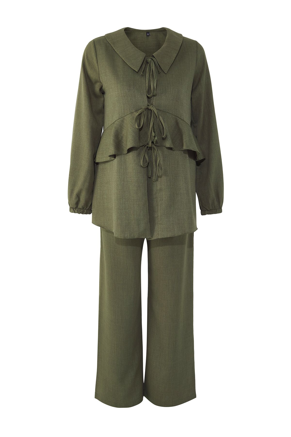 Trendyol Modest-Ruffle Detail Lacing Khaki Linen Top and Bottom Set Tctss25Us00022 5