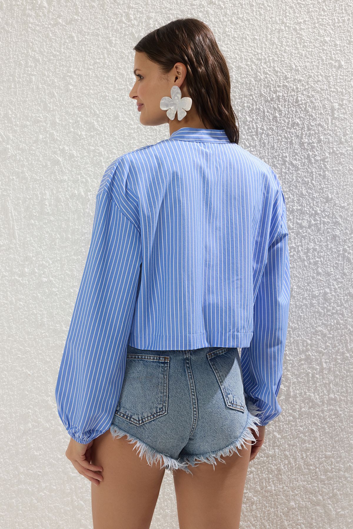 Trendyol Collection-White-Blue Striped Woven Lacing Detailed Beach Shirt Tbess25Go00023 4