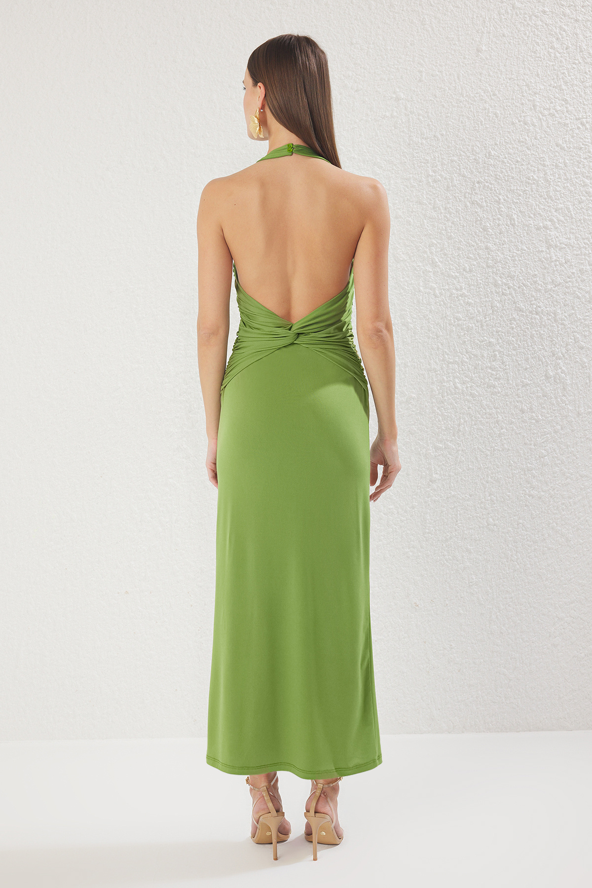 Trendyolmilla  Yağ Yeşil Düz Büzgü / Drape Midi Burgu Detaylı Esnek Örme Elbise TWOSS25EL00676 - Görsel 4