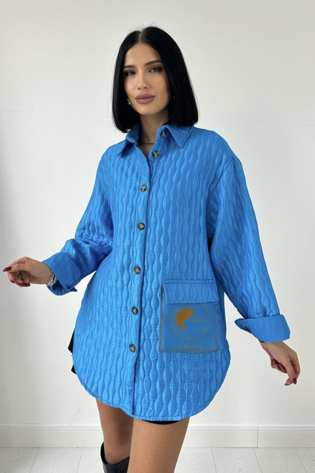 MRA Fashion Mavi Cepli Kapitone Gömlek