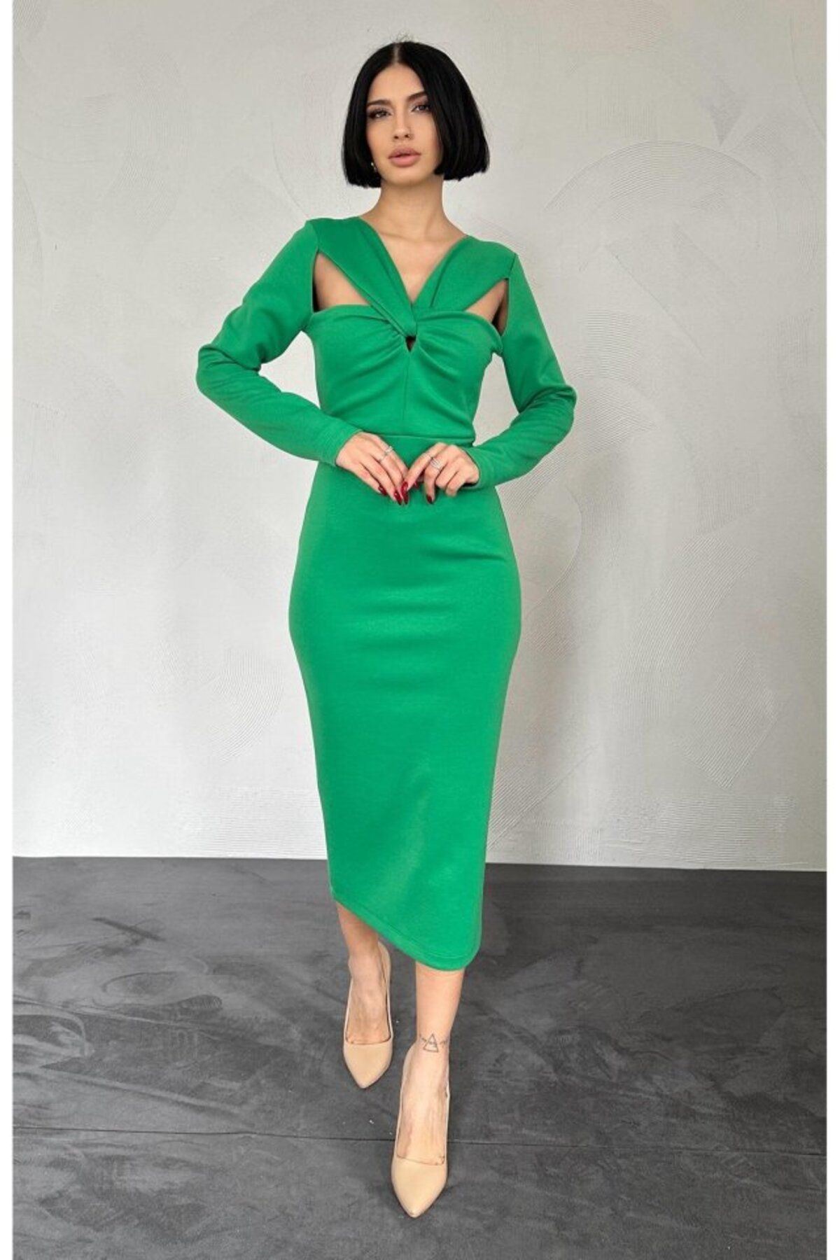 MRA Fashion Yeşil Göğüsü Büklüm Elbise